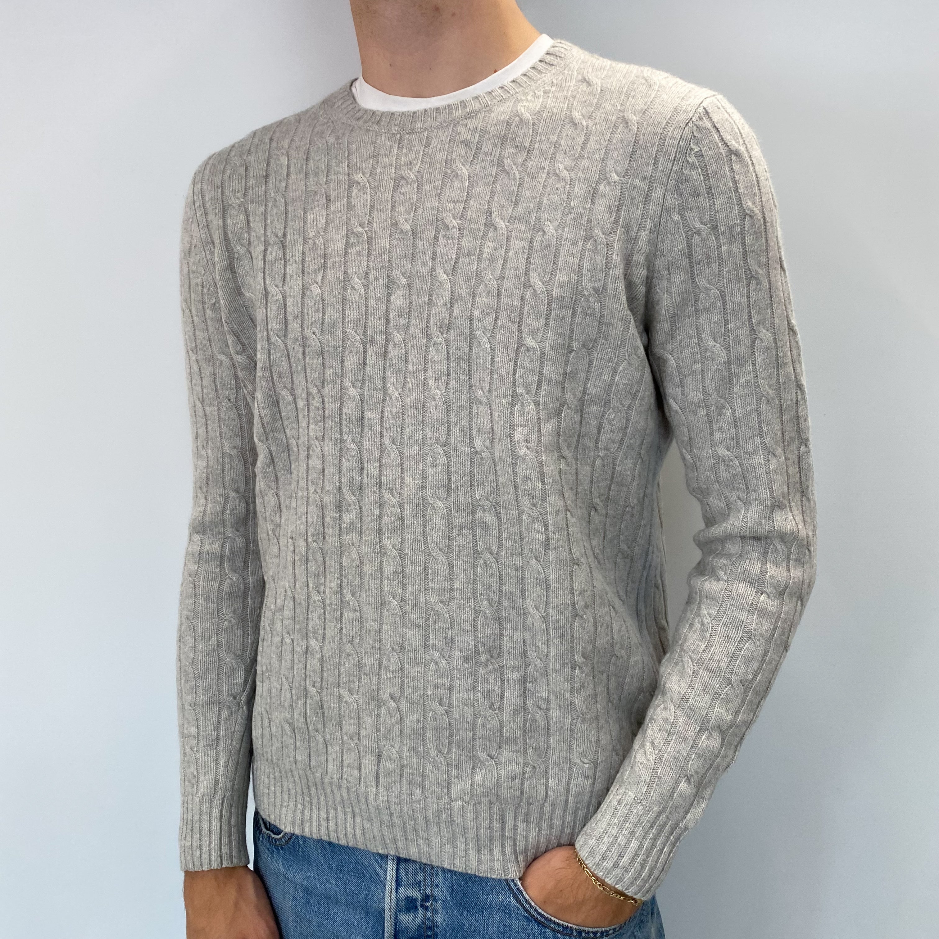 Men's Mist Grey Cashmere Crew Neck Jumper Large