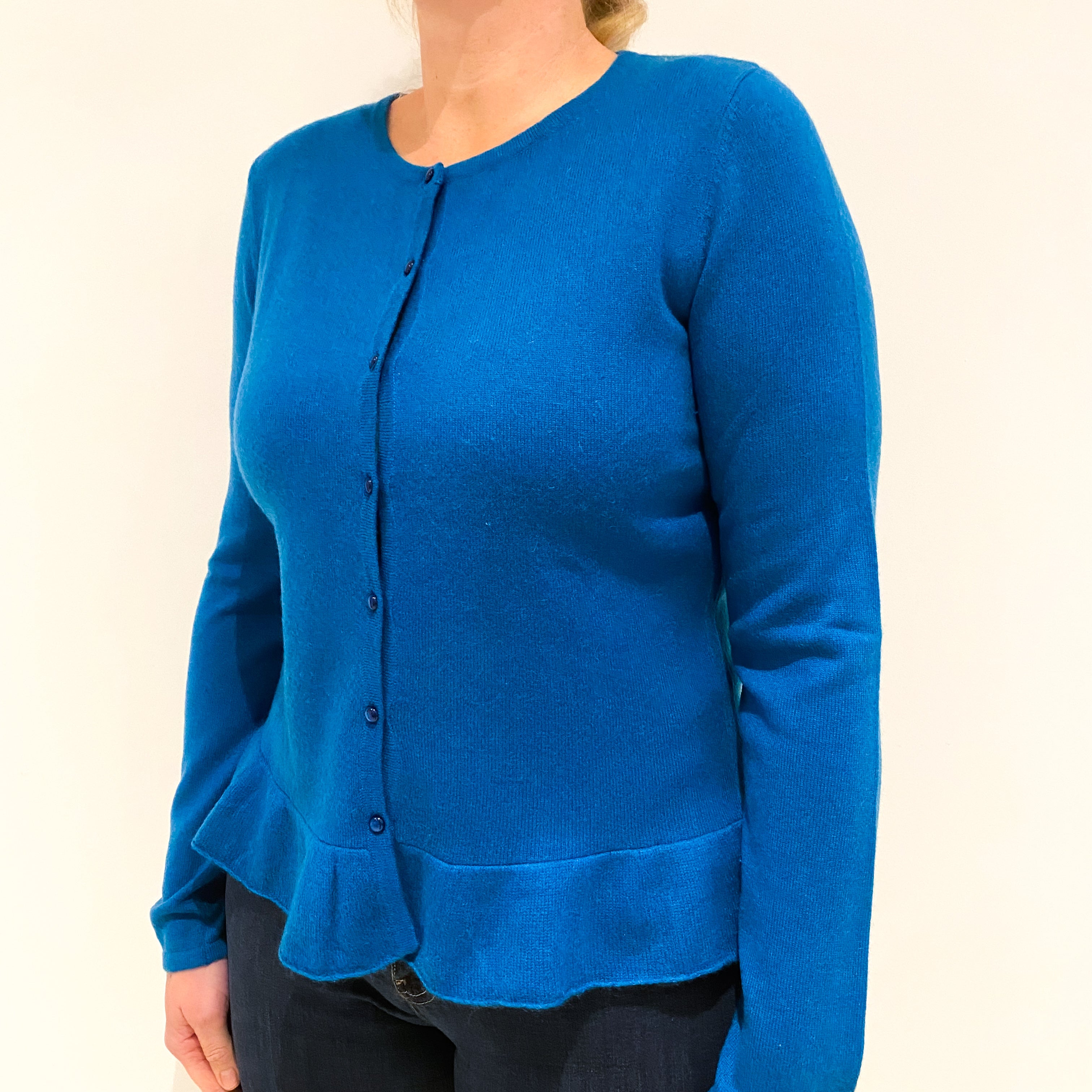 Peacock Blue Cashmere Crew Neck Cardigan Large