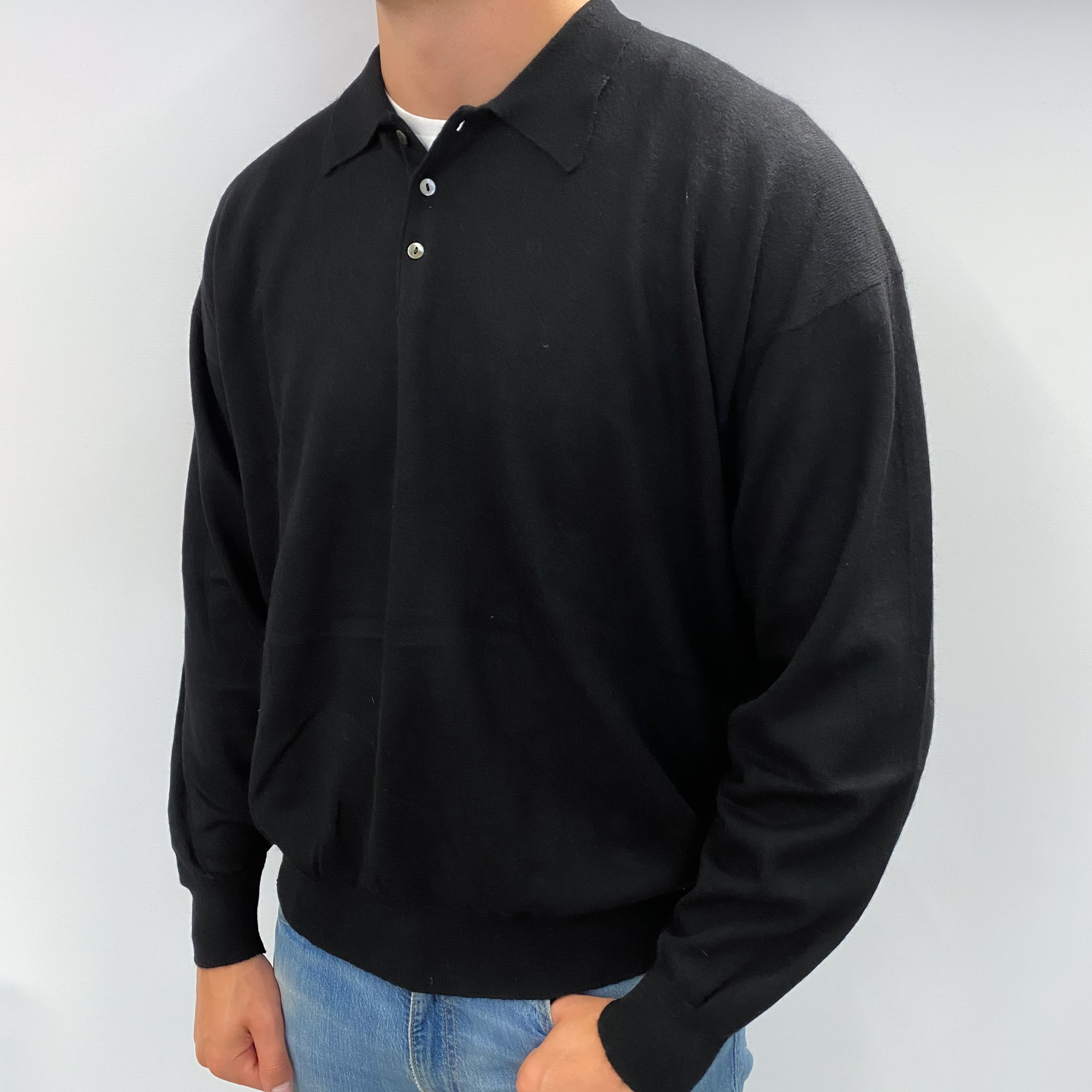 Men's Scottish Black Cashmere Collared 1/4 Button Up V Neck Jumper XXL