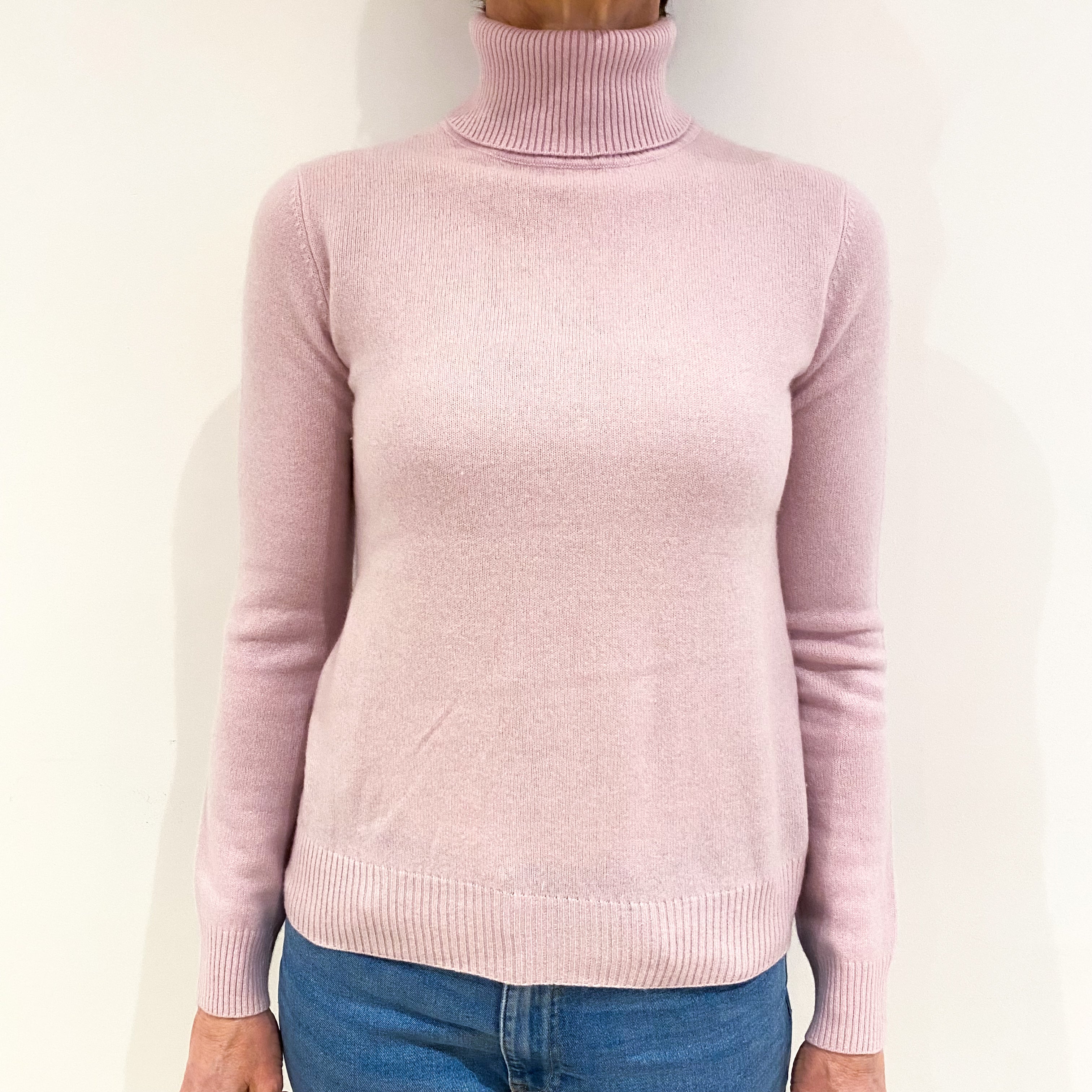 Pale Mauve Pink Cashmere Polo Neck Jumper Small
