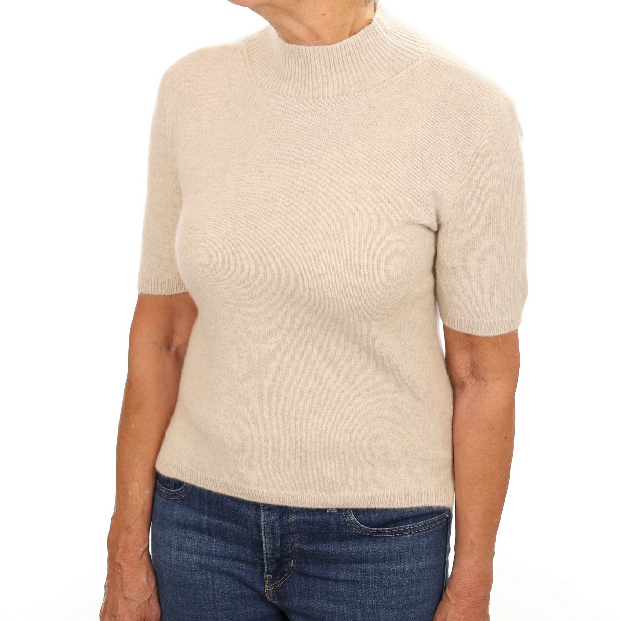 Oatmeal Beige Cashmere Turtle Neck Short Sleeved Jumper Medium