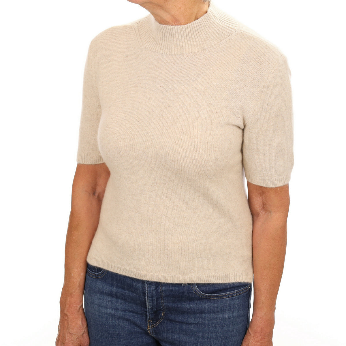 Oatmeal Beige Cashmere Turtle Neck Short Sleeved Jumper Medium