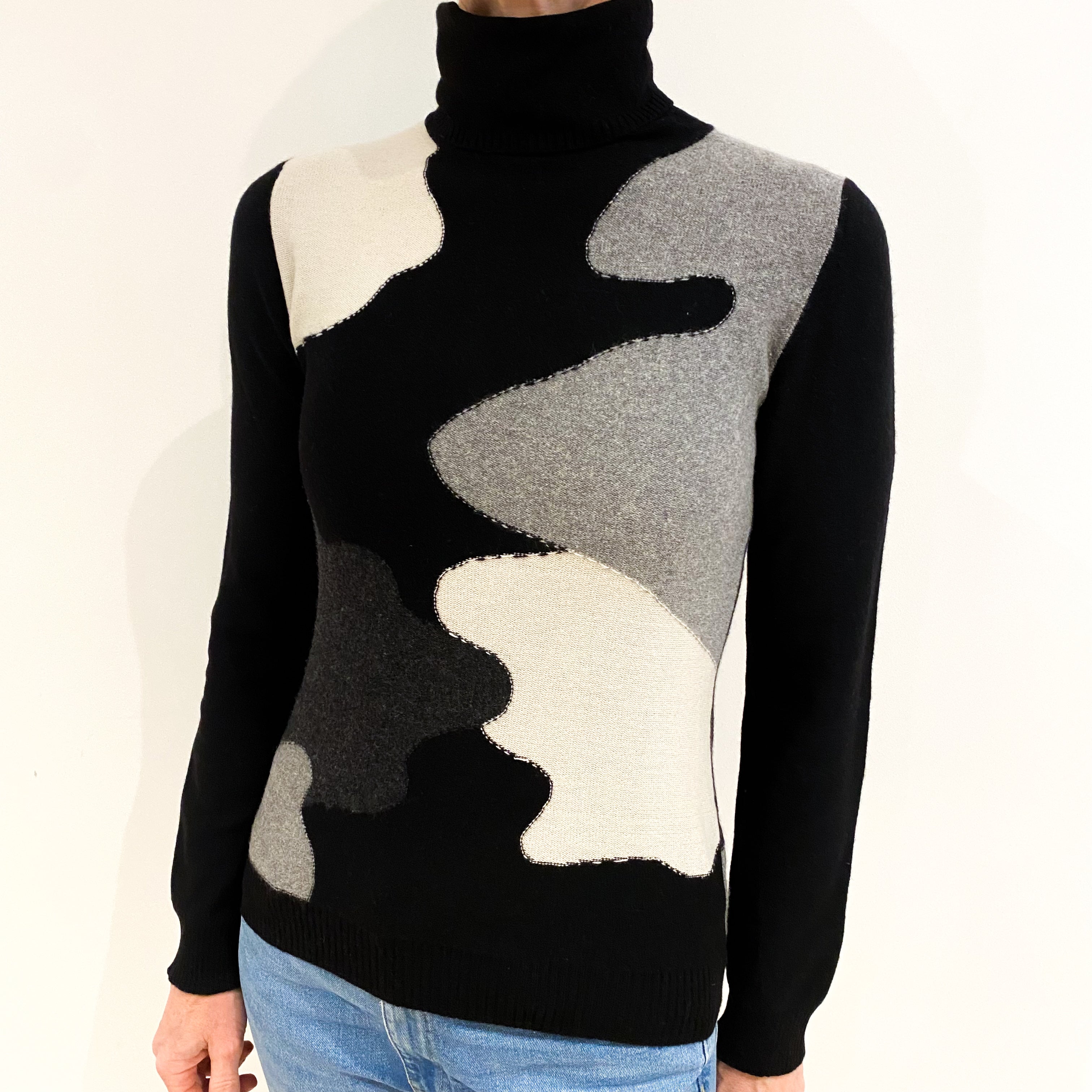 Black Colour Block Cashmere Polo Neck Jumper Small
