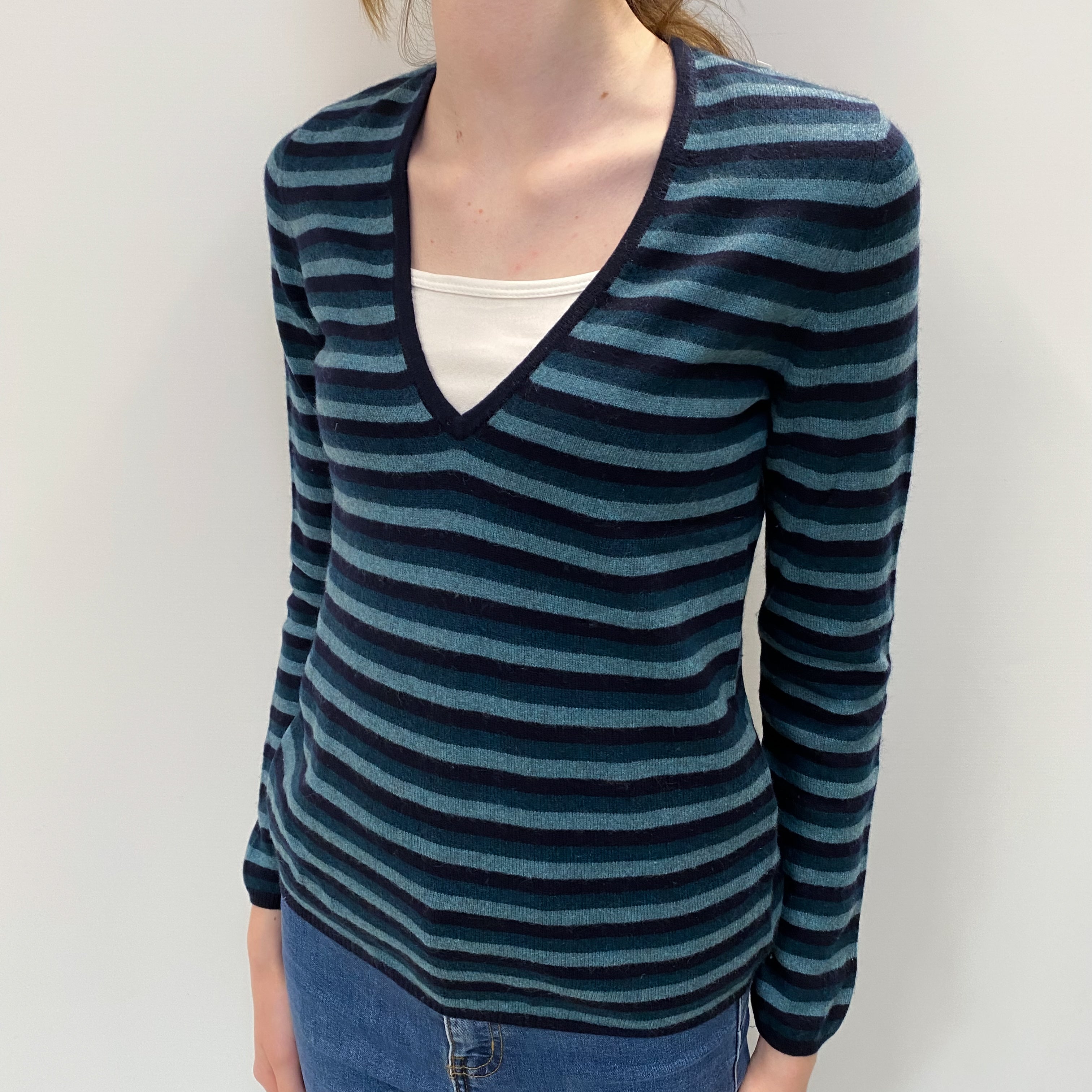 Blue and Navy Striped Cashmere V Neck Jumper Extra Small