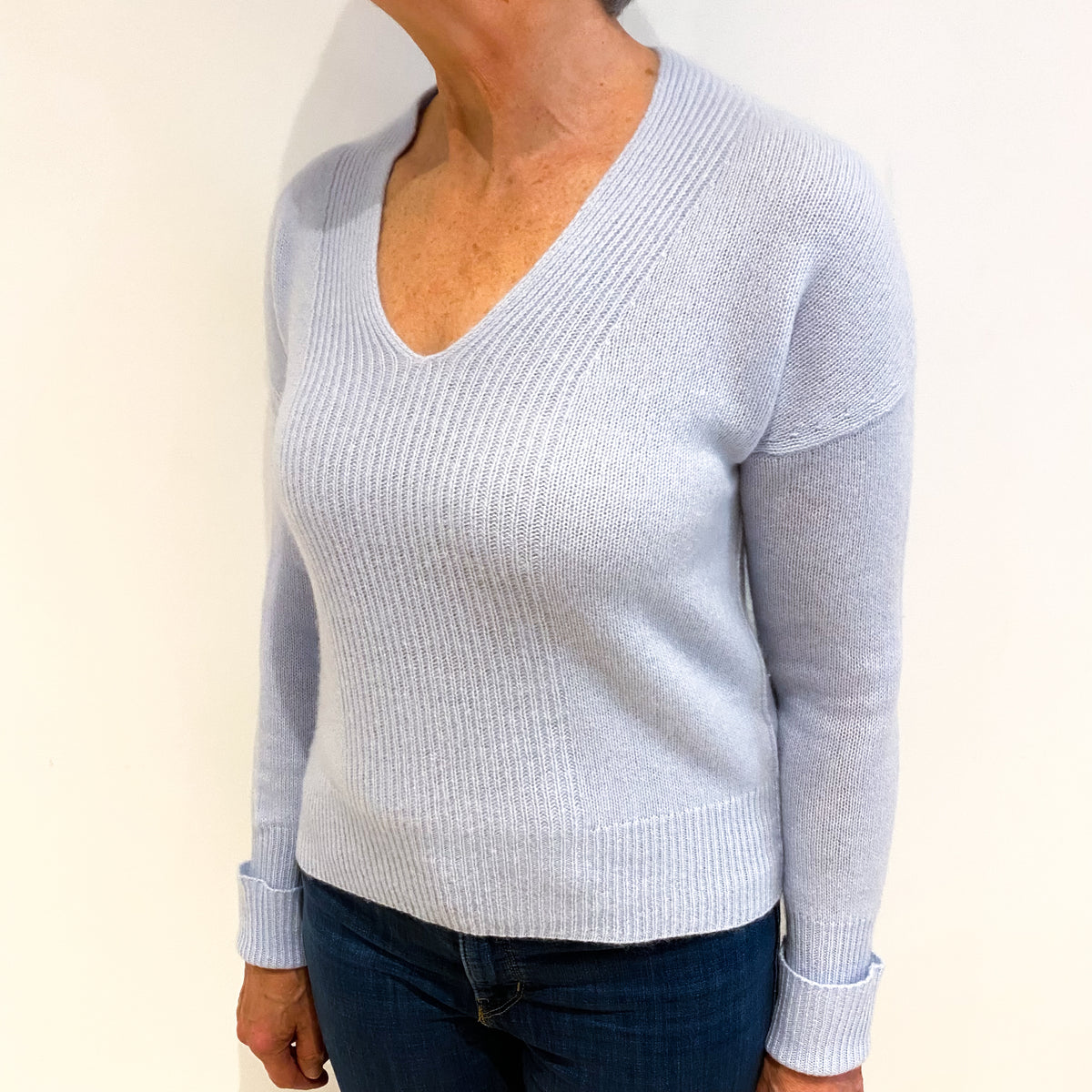 Powder Blue Cashmere V Neck Jumper Medium