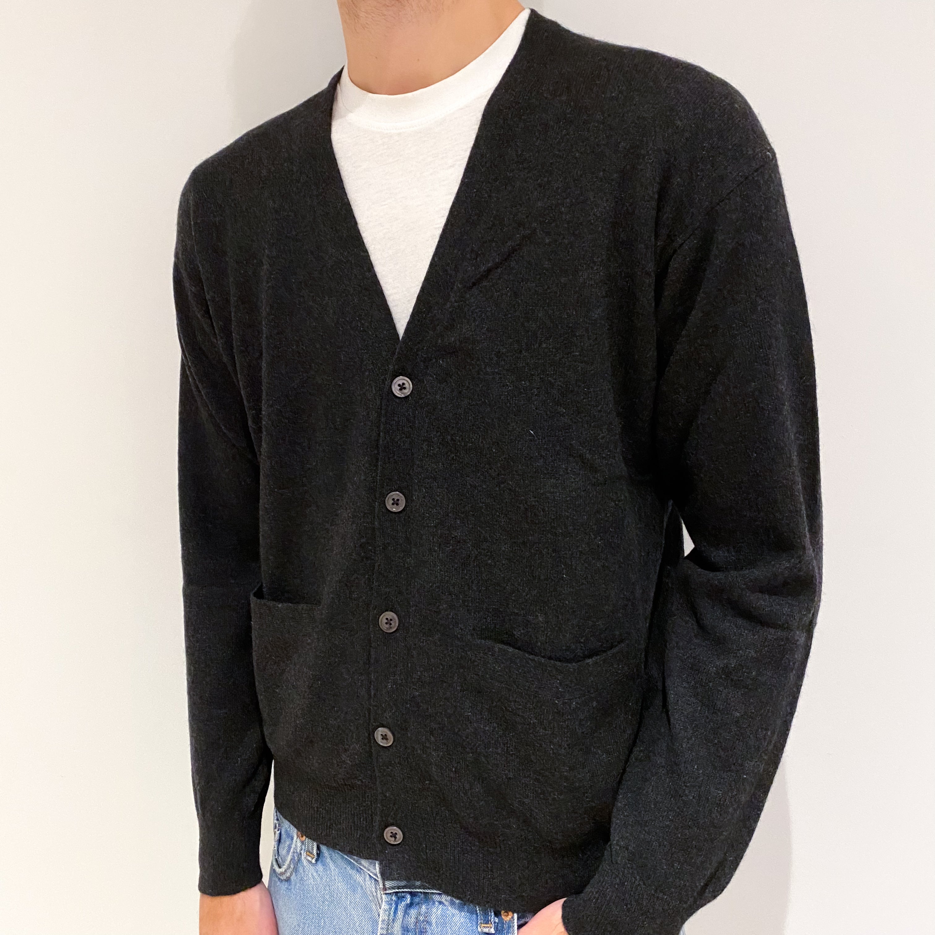 Men's Charcoal Grey Cashmere V Neck Cardigan with Pockets Large