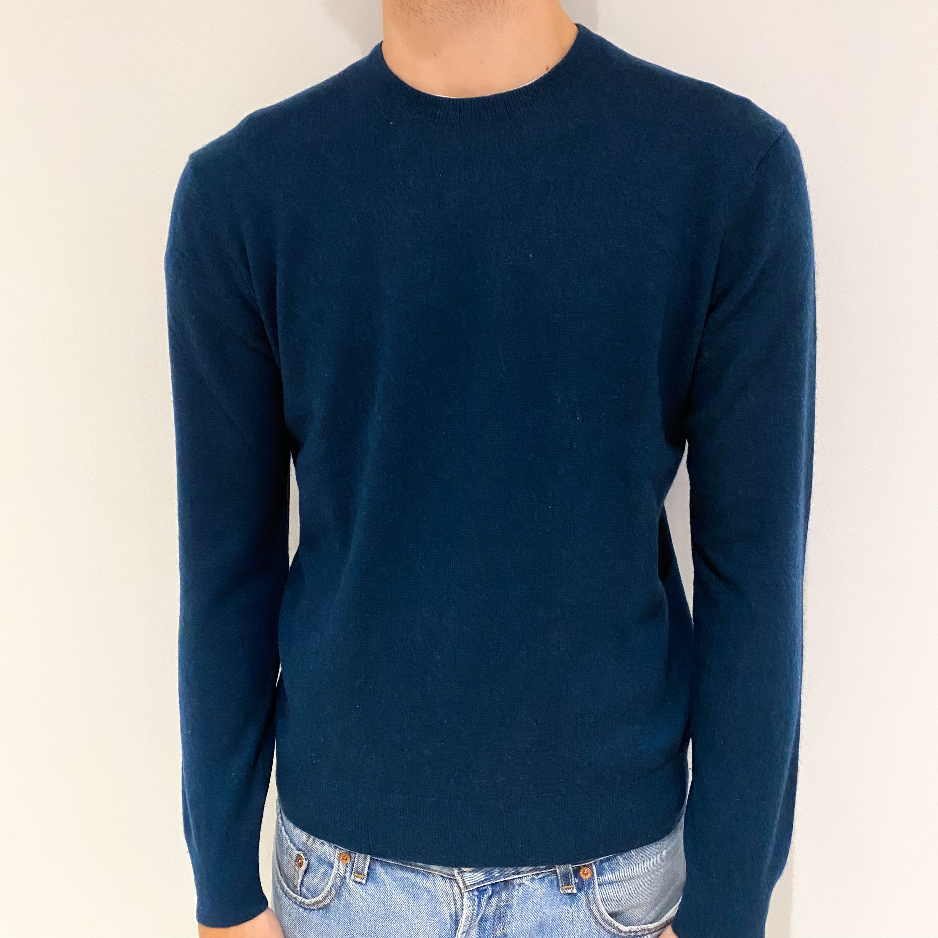 Men's Petrol Blue Cashmere Crew Neck Jumper Large