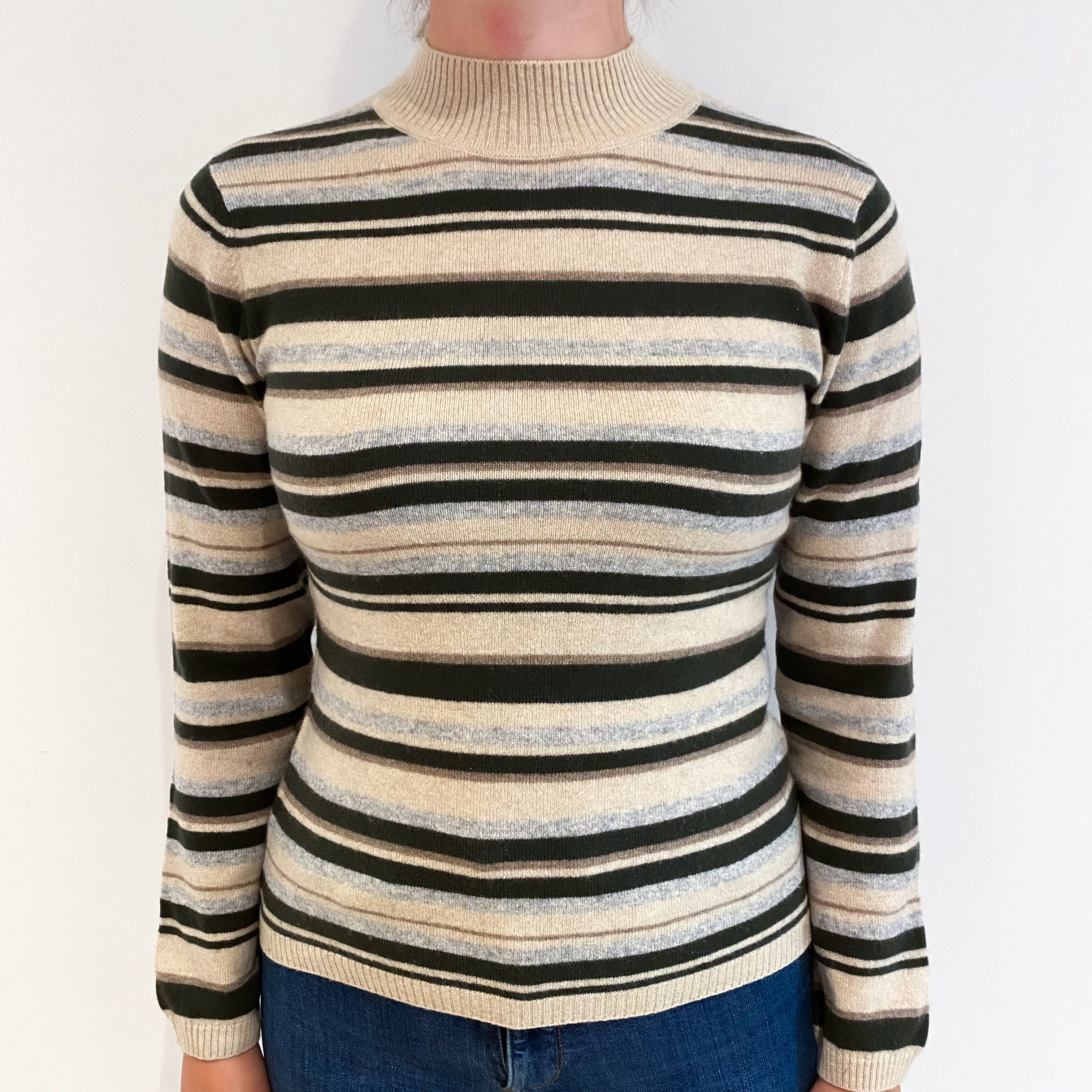 Oatmeal and Khaki Stripe Cashmere Turtle Neck Jumper Small