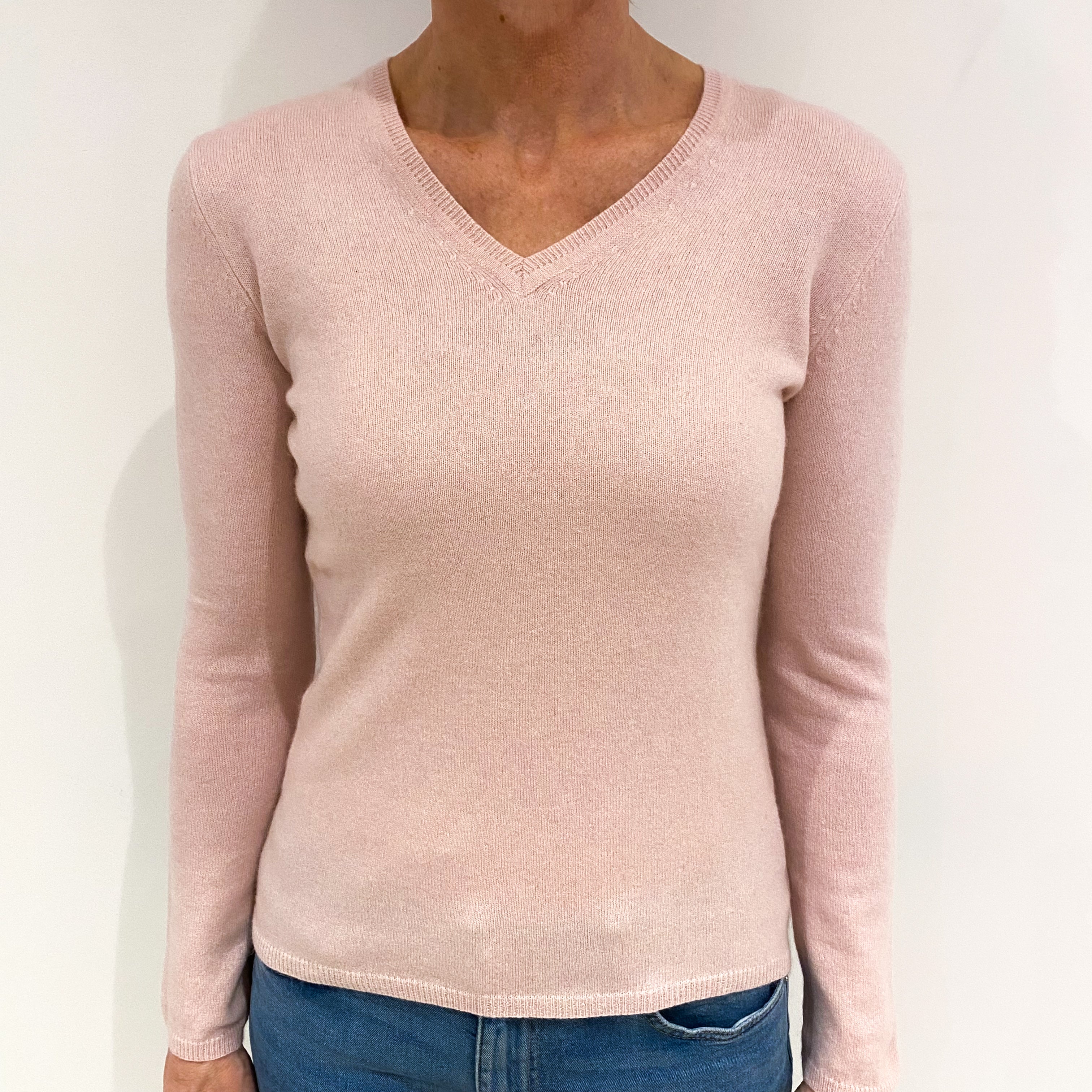 Pale Pink Cashmere V Neck Jumper Small