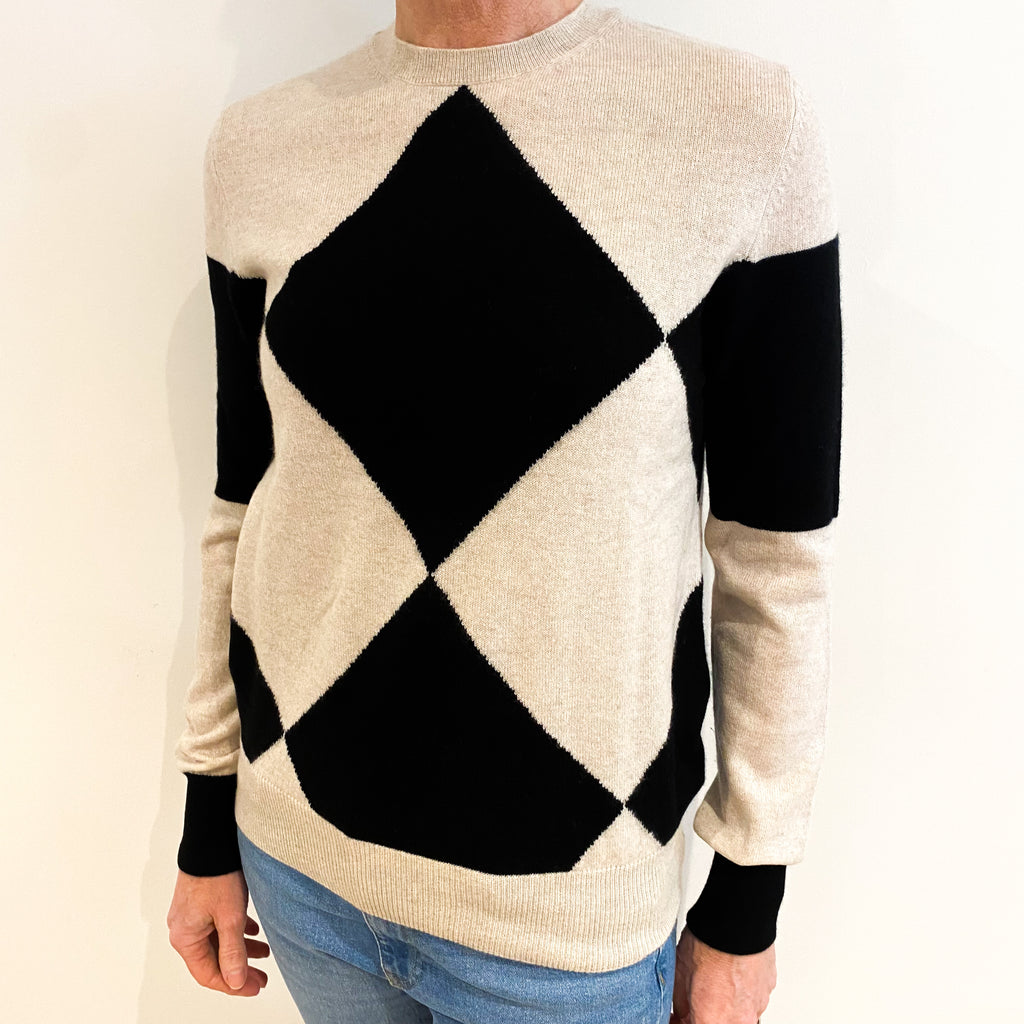 Oatmeal And Black Diamond Cashmere Crew Neck Jumper Small