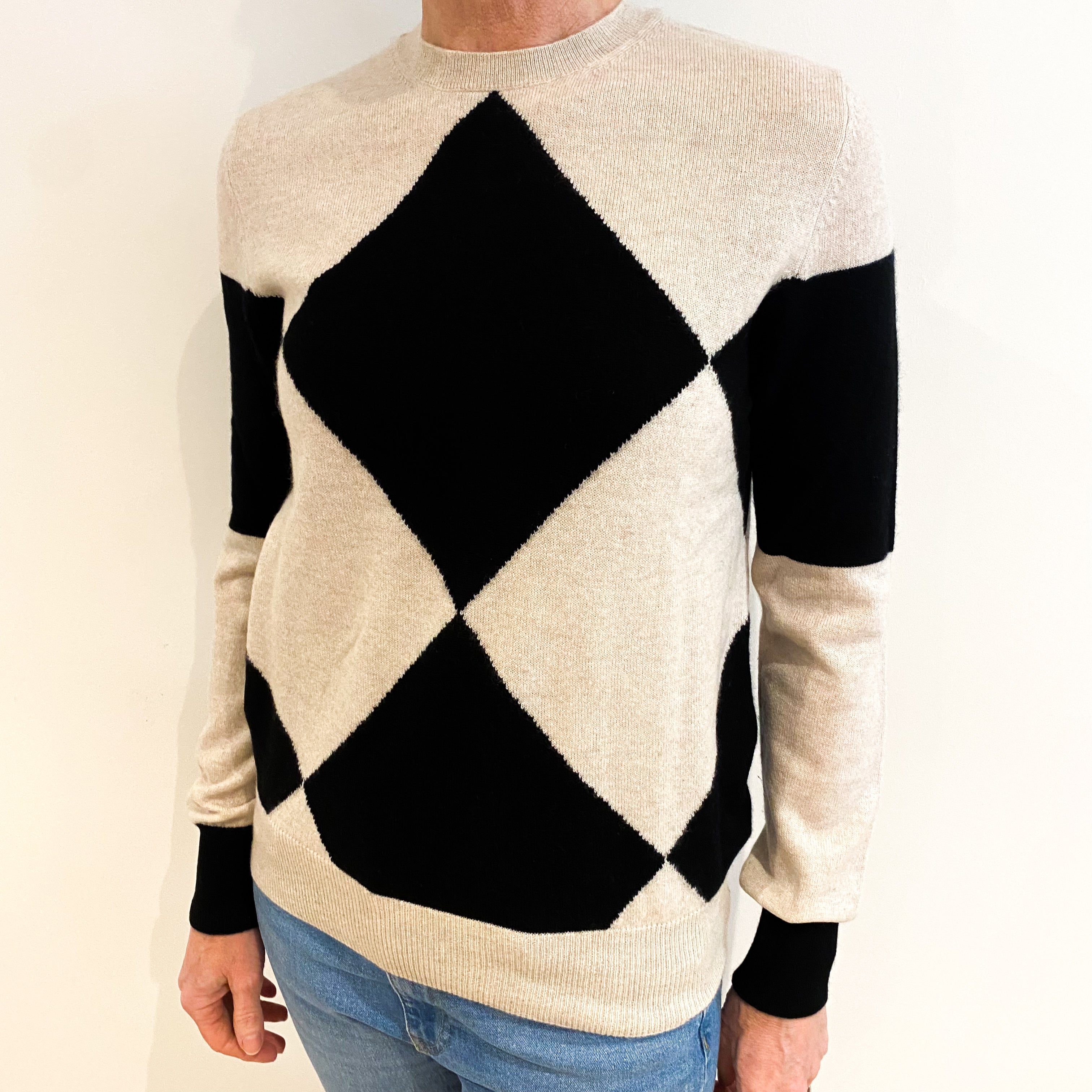 Oatmeal And Black Diamond Cashmere Crew Neck Jumper Small