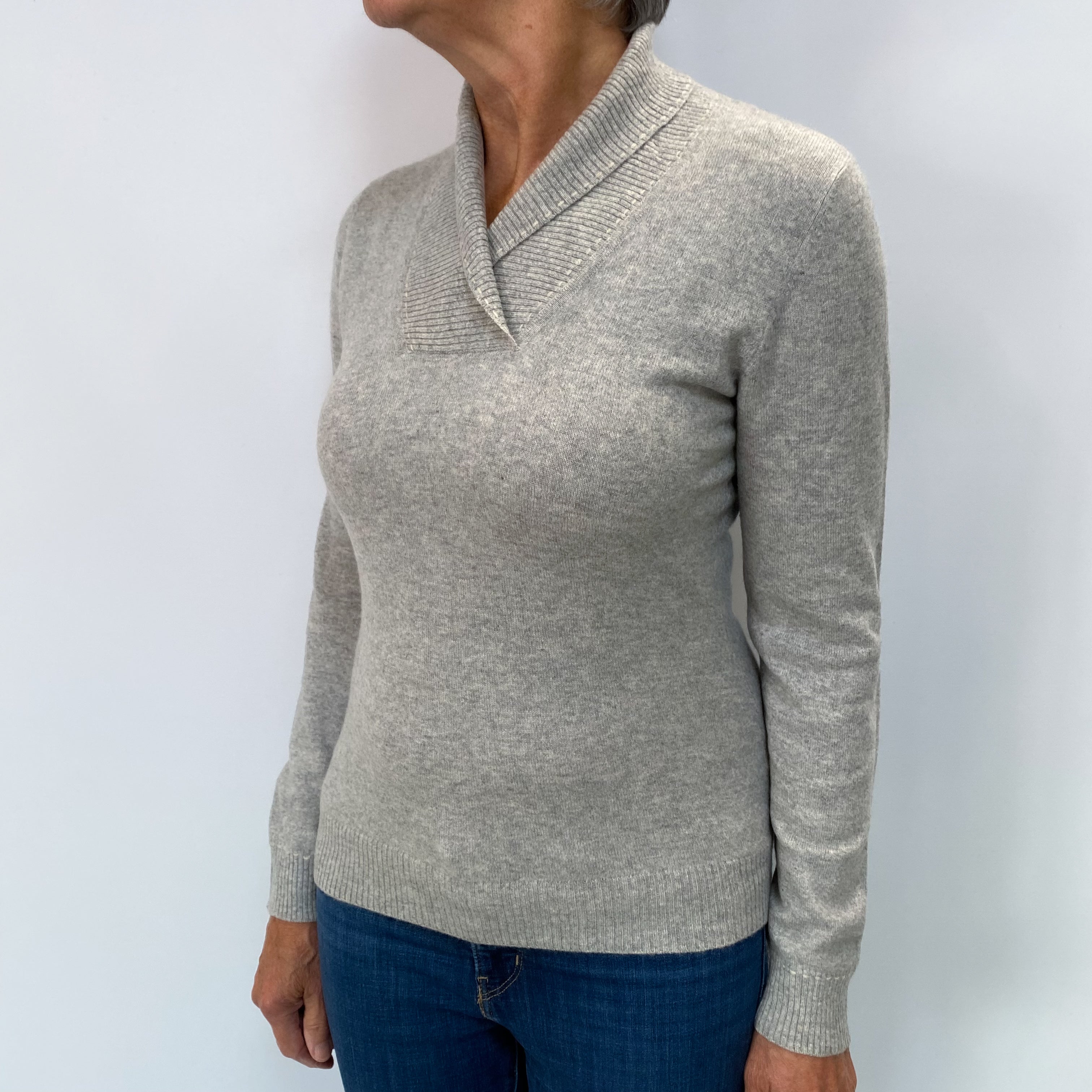 Smoke Grey Cashmere Collared V Neck Jumper Medium