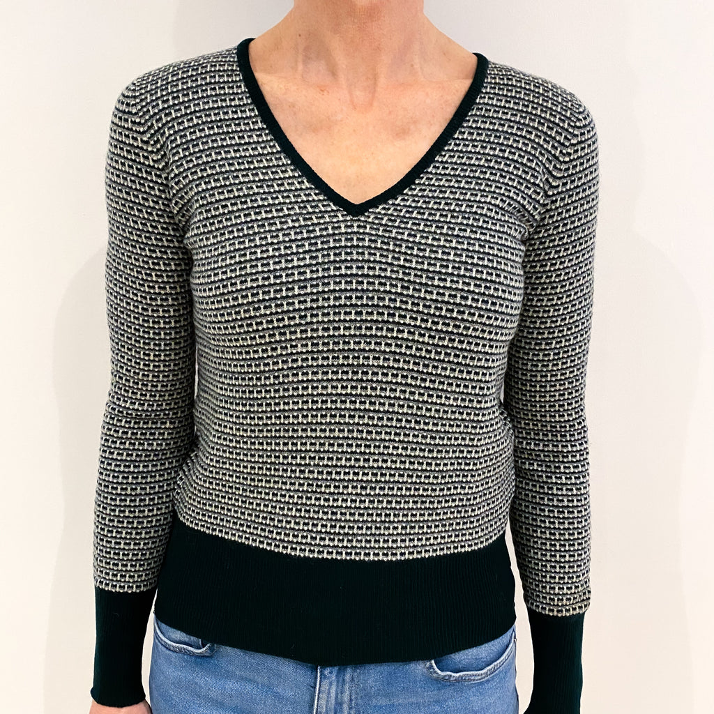 Scottish Vintage Bottle Green Pattern Cashmere V Neck Jumper Small