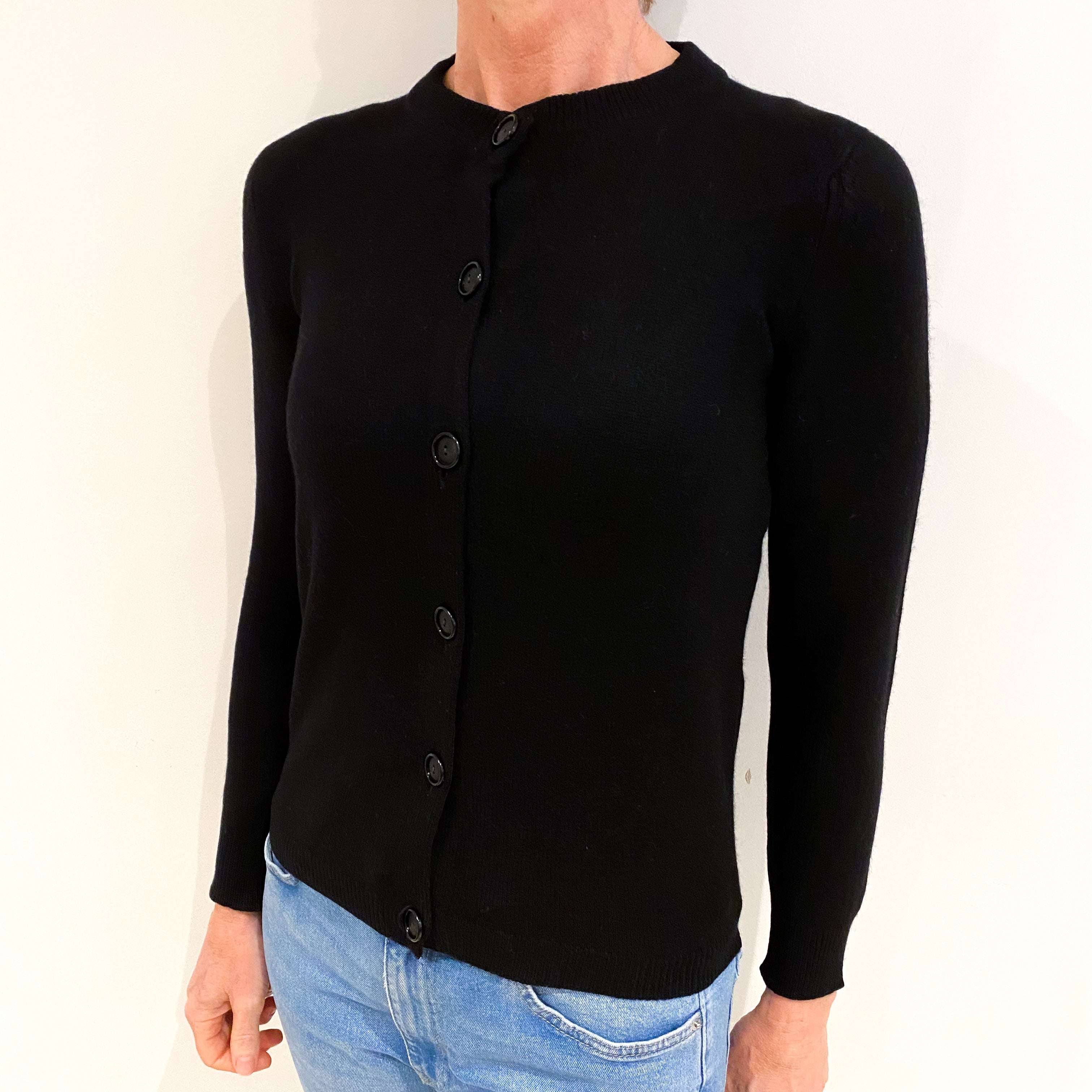 Vintage Scottish Black Cashmere Crew Neck Cardigan Small