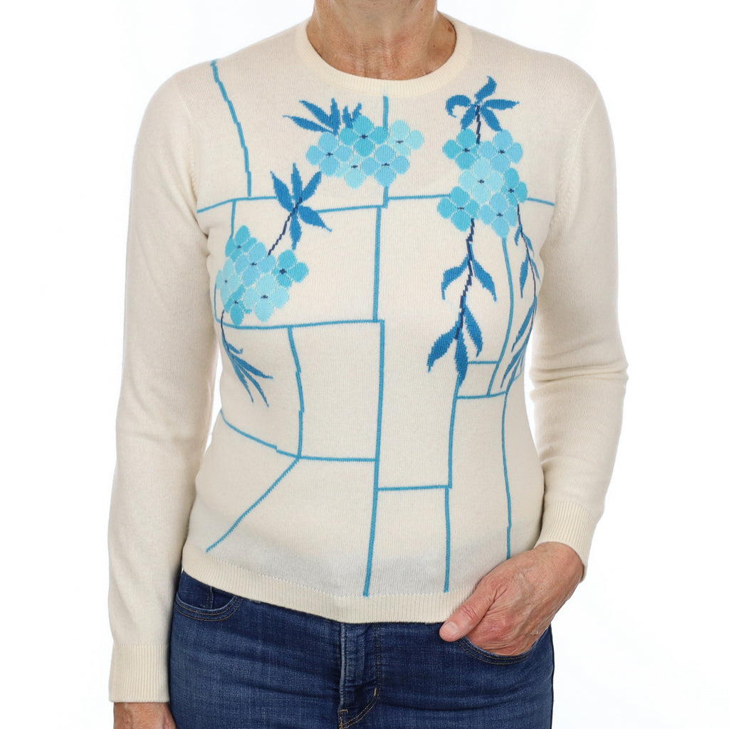 Vintage Scottish Cream and Turquoise Patterned Cashmere Crew Neck Jumper Medium