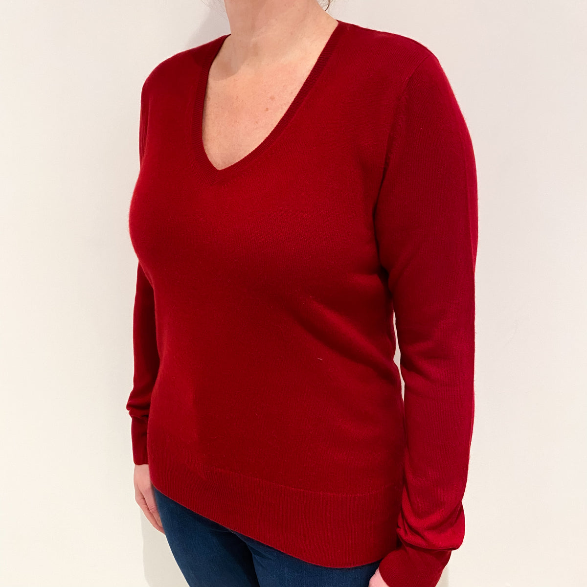 Ruby Red Cashmere V Neck Jumper Large