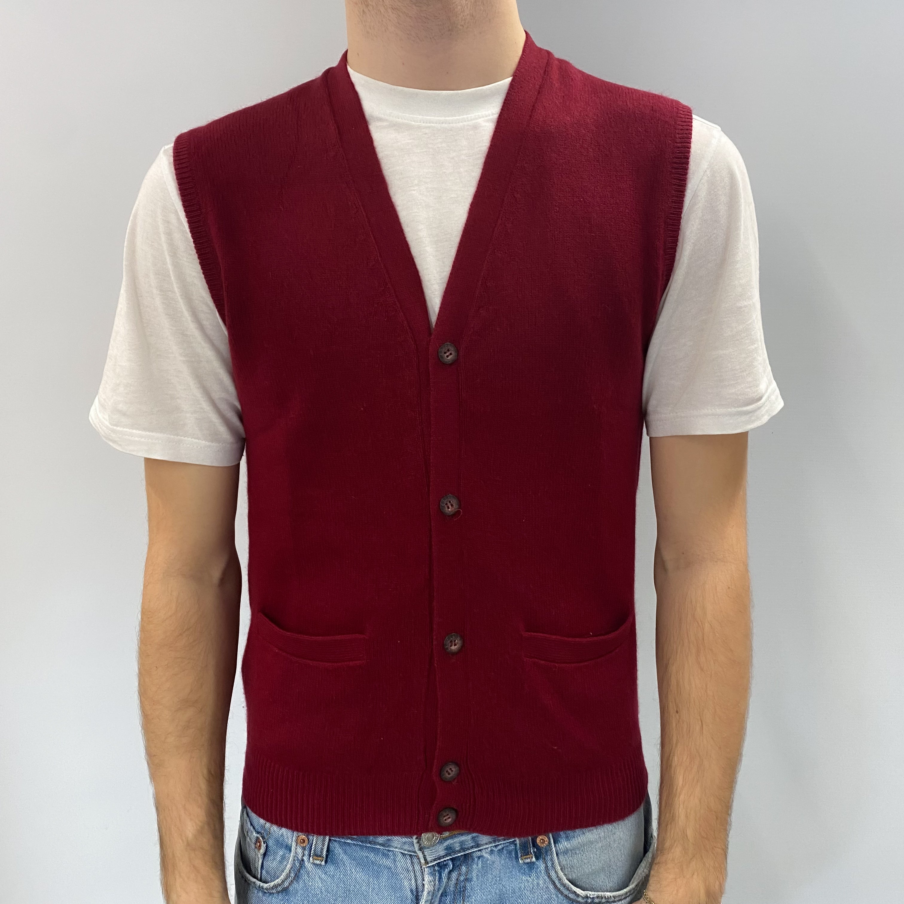 Men's Burgundy Red Cashmere Sleeveless Cardigan with Pockets Medium