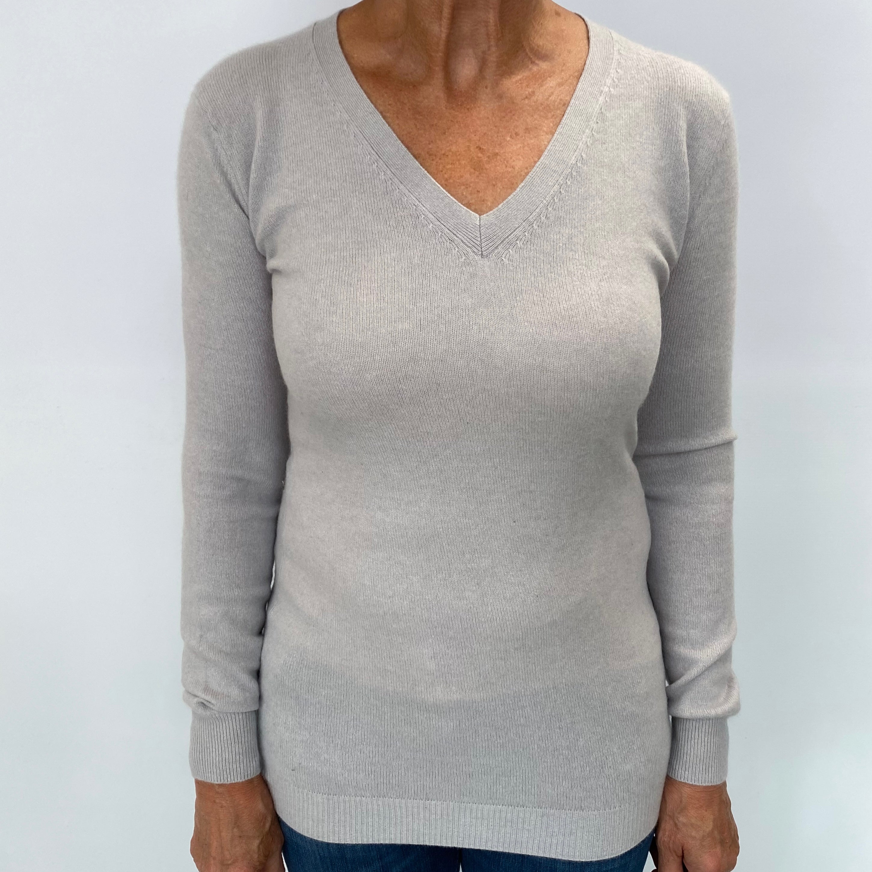 Dove Grey Cashmere V Neck Longline Jumper Medium