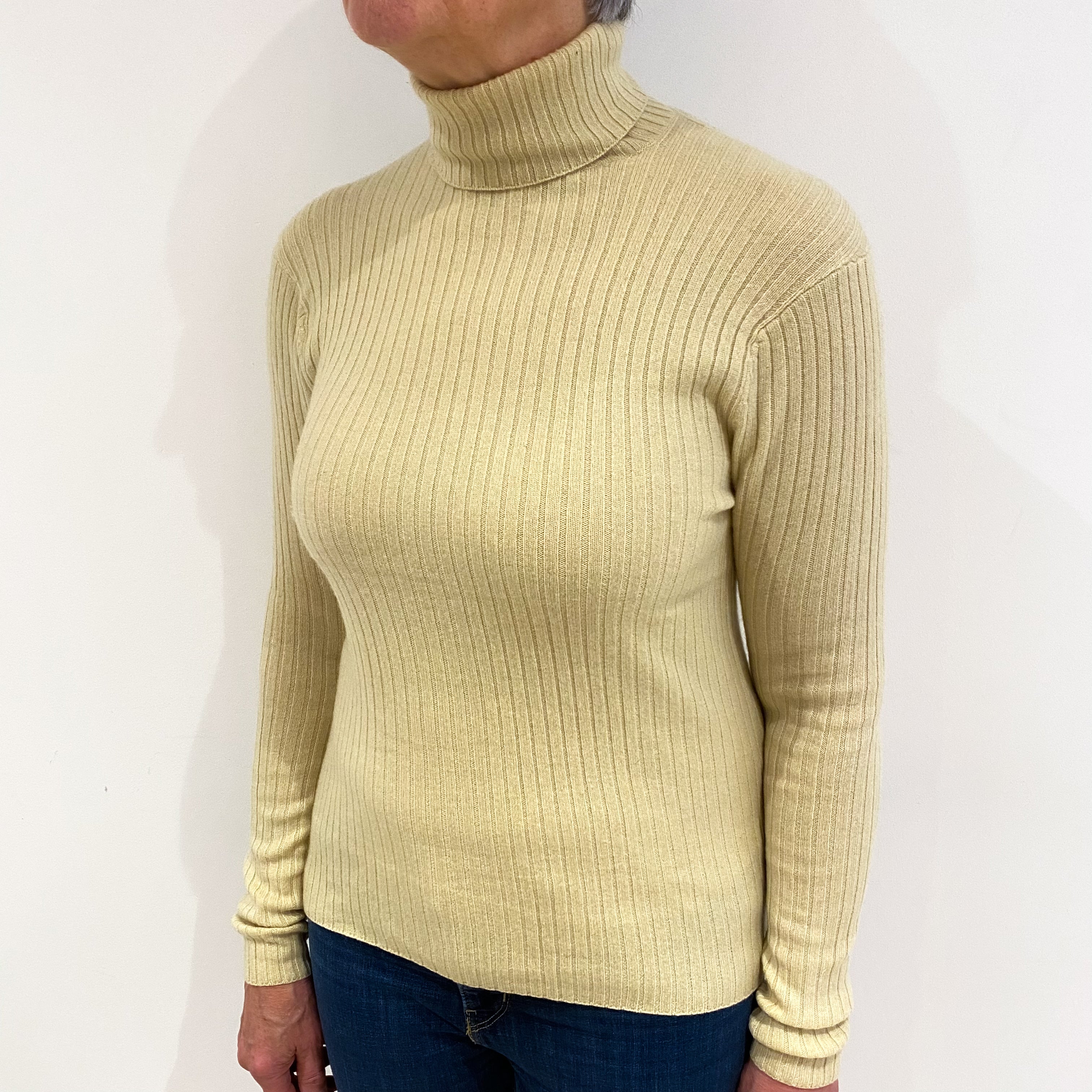 Muted Yellow Cashmere Polo Neck Ribbed Knit Jumper Medium