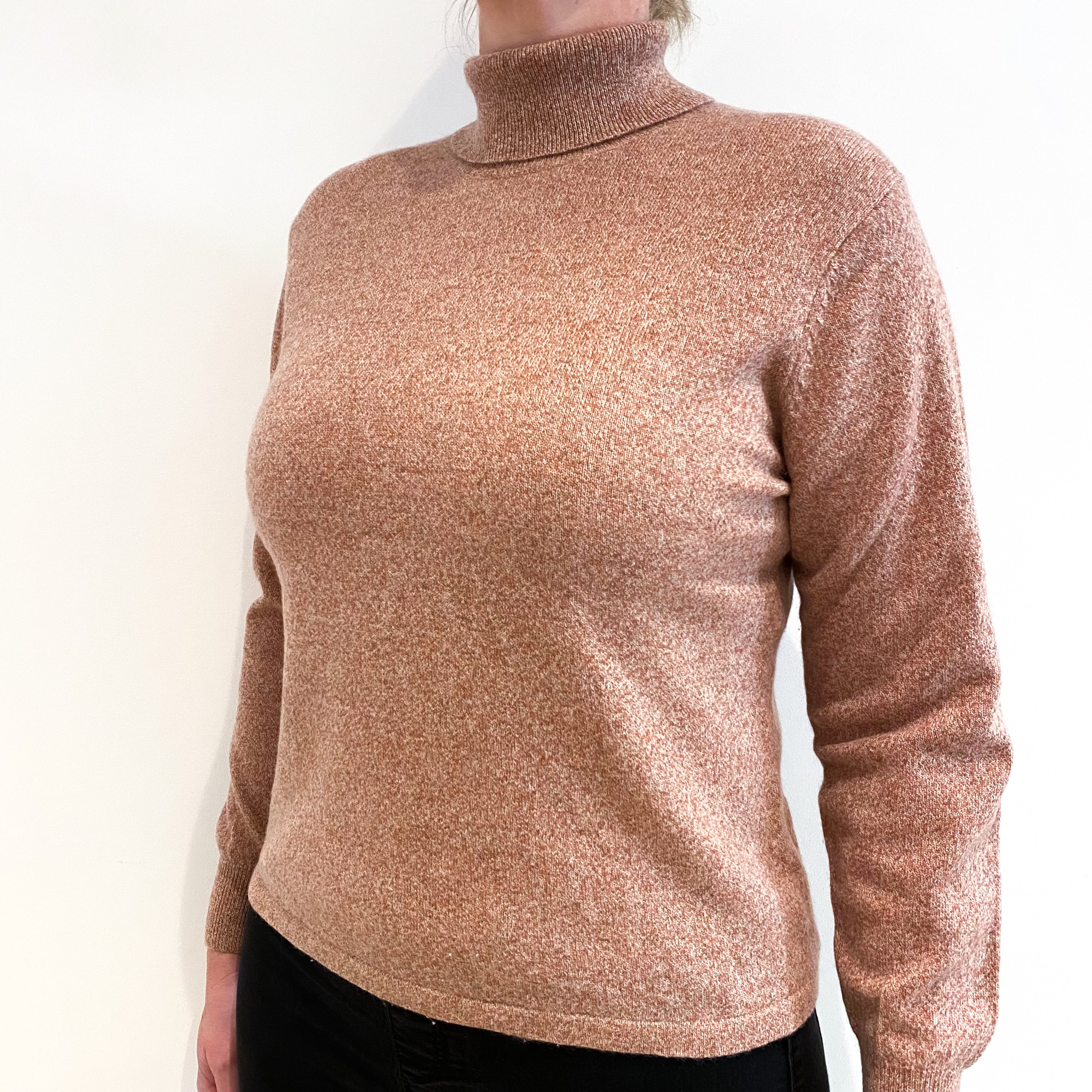 Pale Rust Orange Marl Cashmere Polo Neck Jumper Large