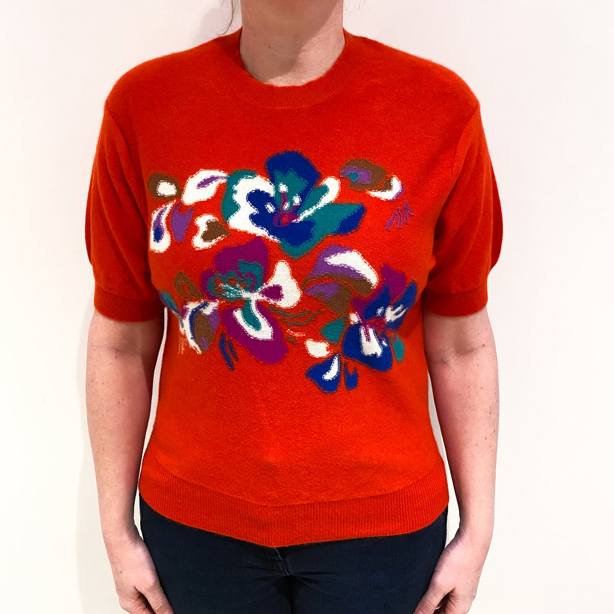 Eric Bompard Floral Cashmere Short Sleeved Crew Neck Jumper Large