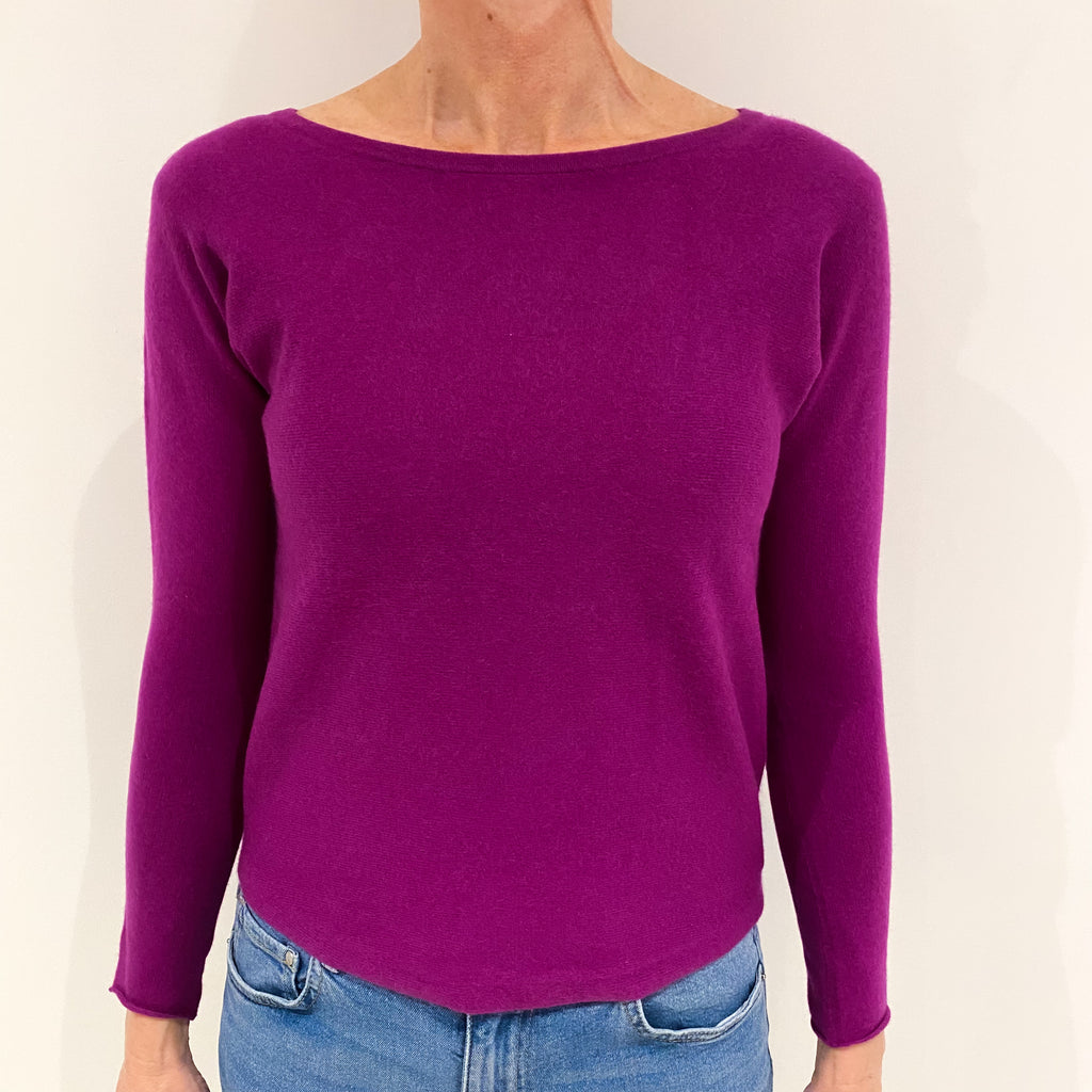 Magenta Purple Cashmere Slash Neck Jumper with Scooped Hem Small