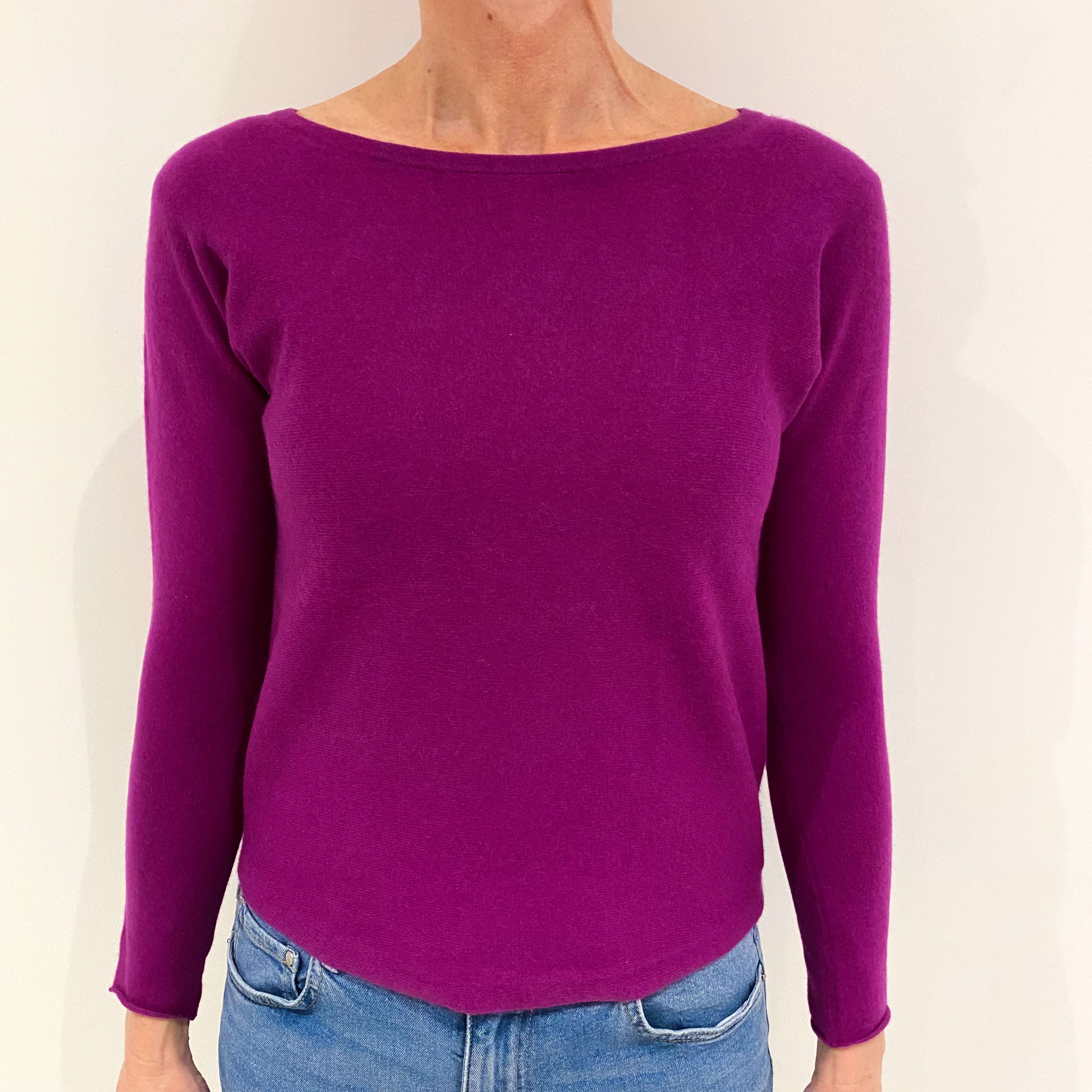 Magenta Purple Cashmere Slash Neck Jumper with Scooped Hem Small