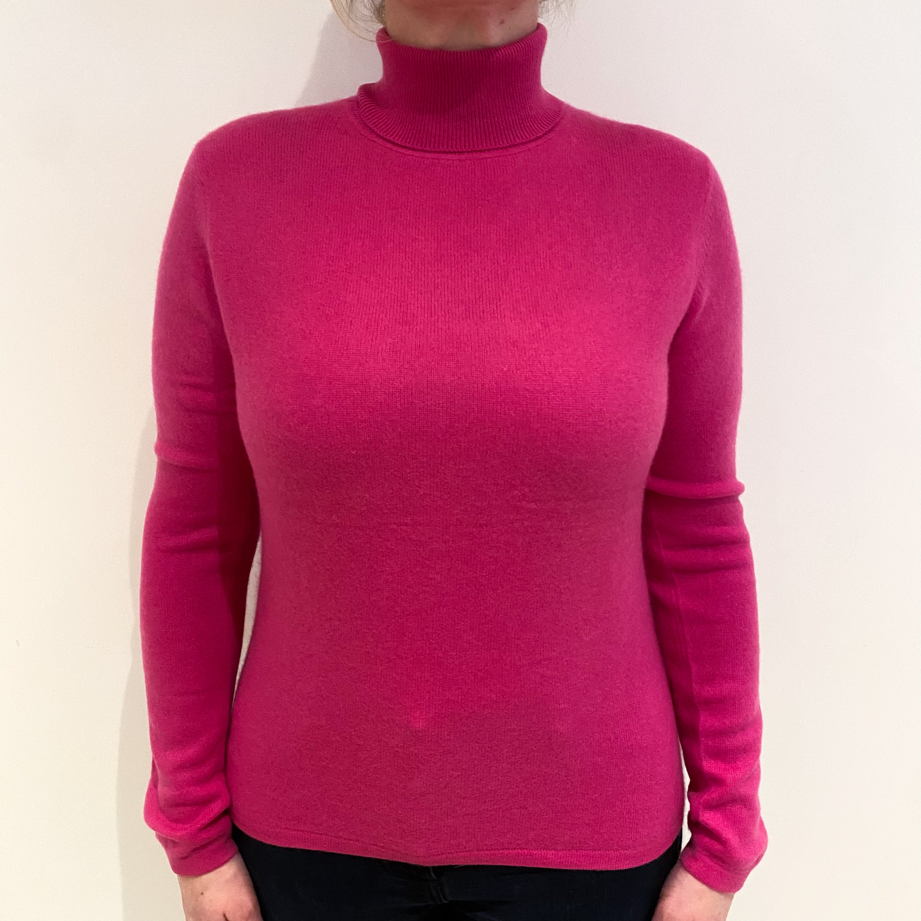 Fuchsia Pink Cashmere Polo Neck Jumper Large