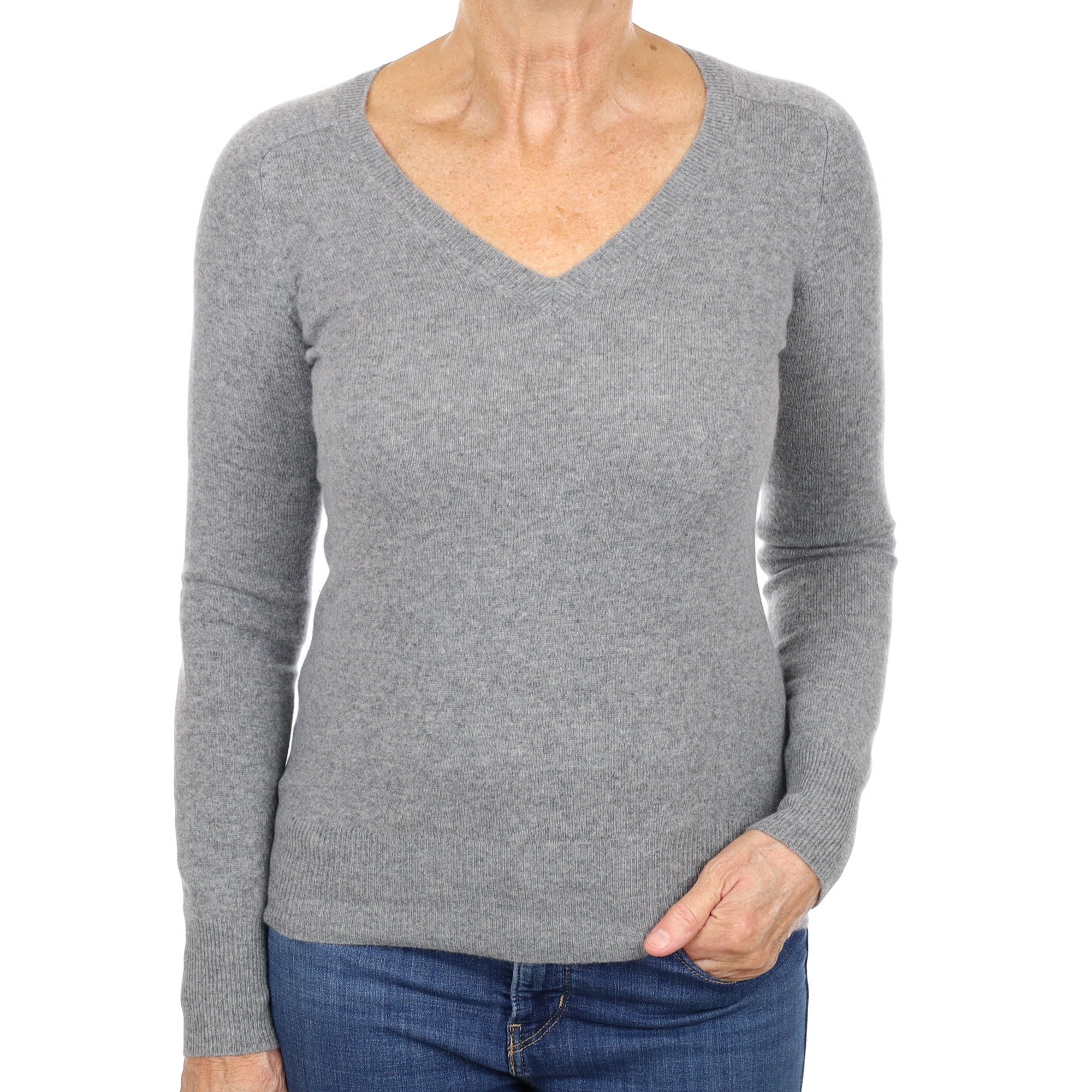Ash Grey Cashmere V Neck Jumper Medium