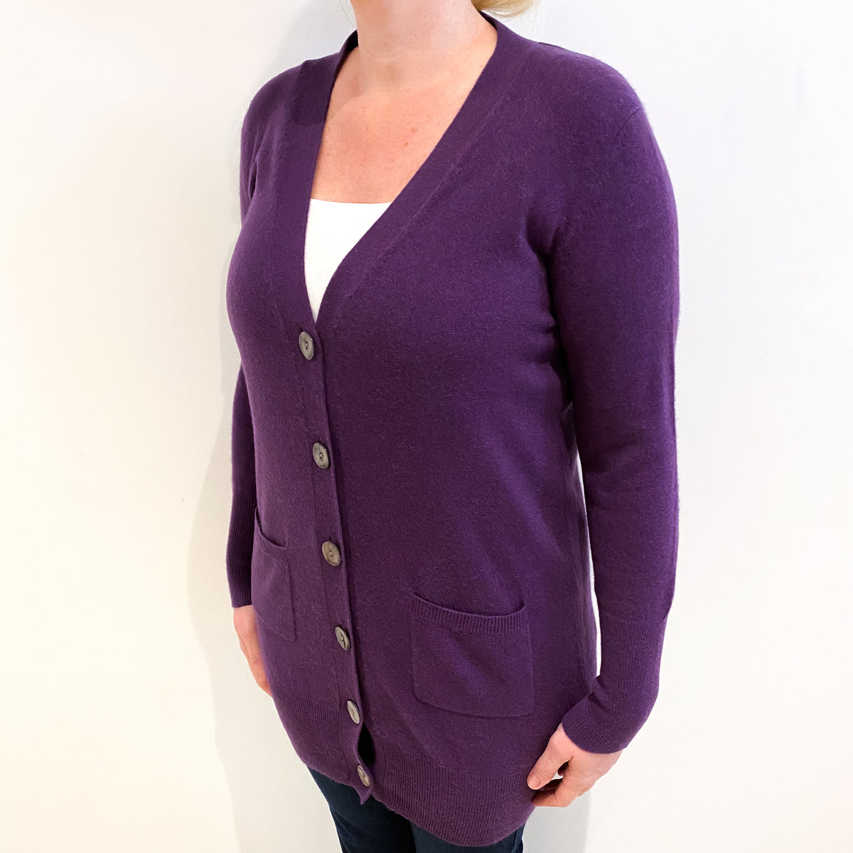 Pansy Purple Cashmere V Neck Longline Cardigan With Pockets Large