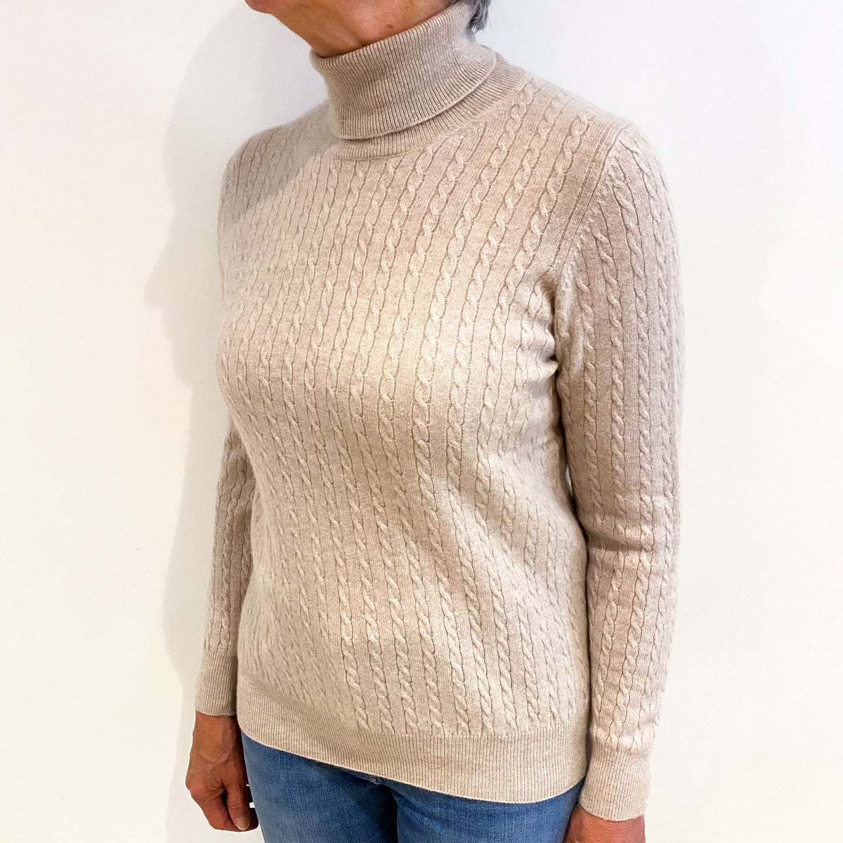 Fawn Beige Cashmere Polo Neck Jumper Medium