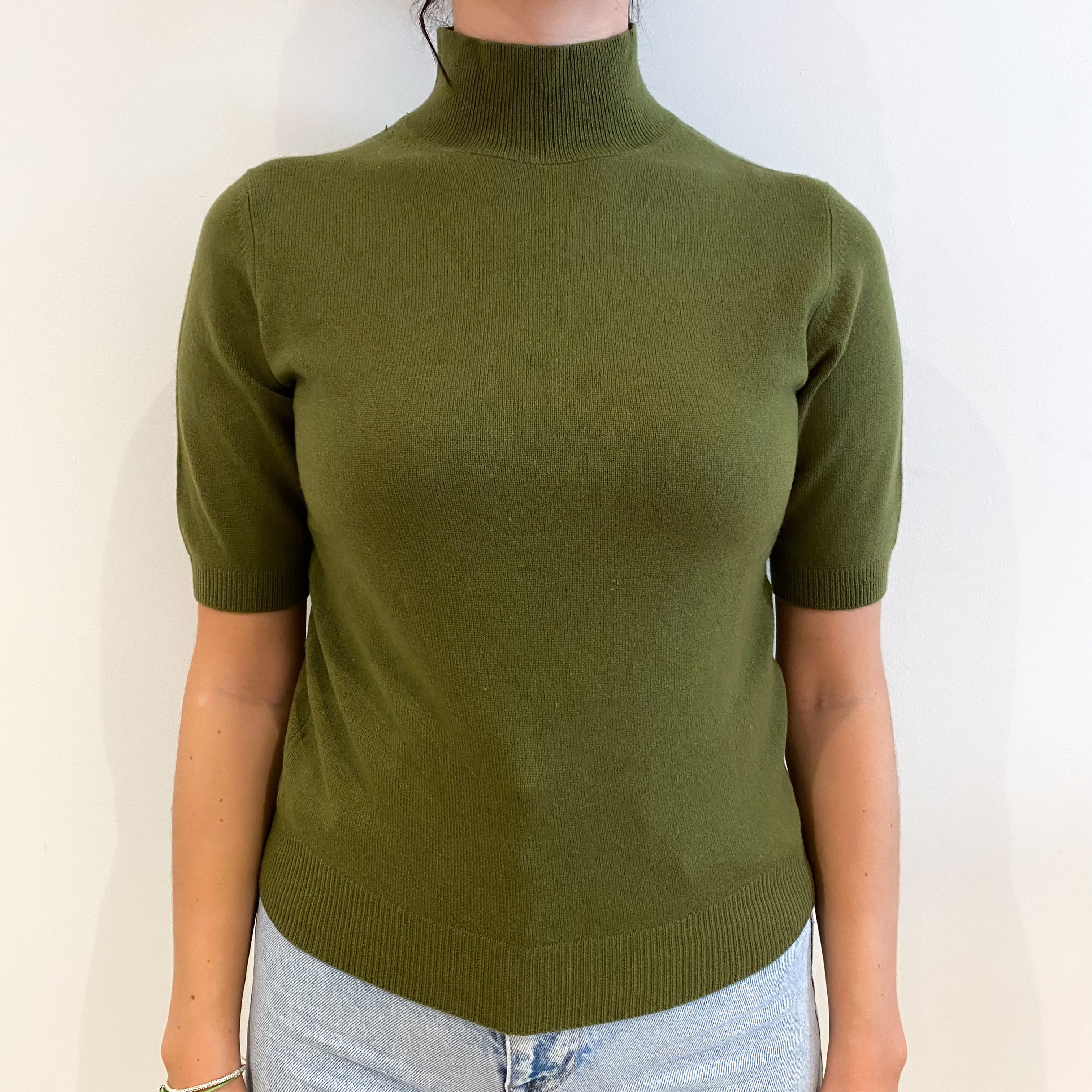 Army Green Cashmere Turtle Neck Short Sleeved Jumper Small