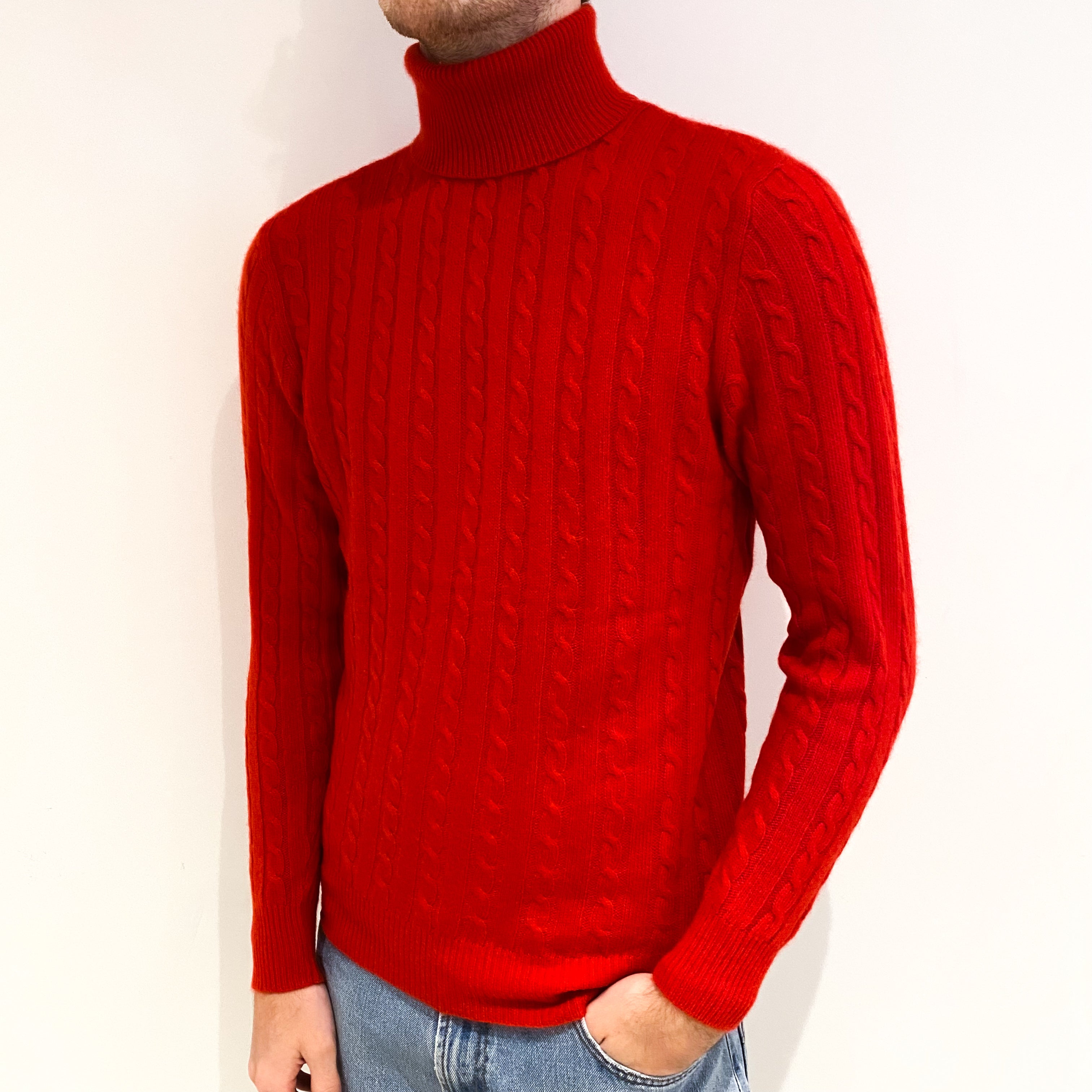 Men's Vintage Spanish Red Cashmere Polo Neck Jumper Medium