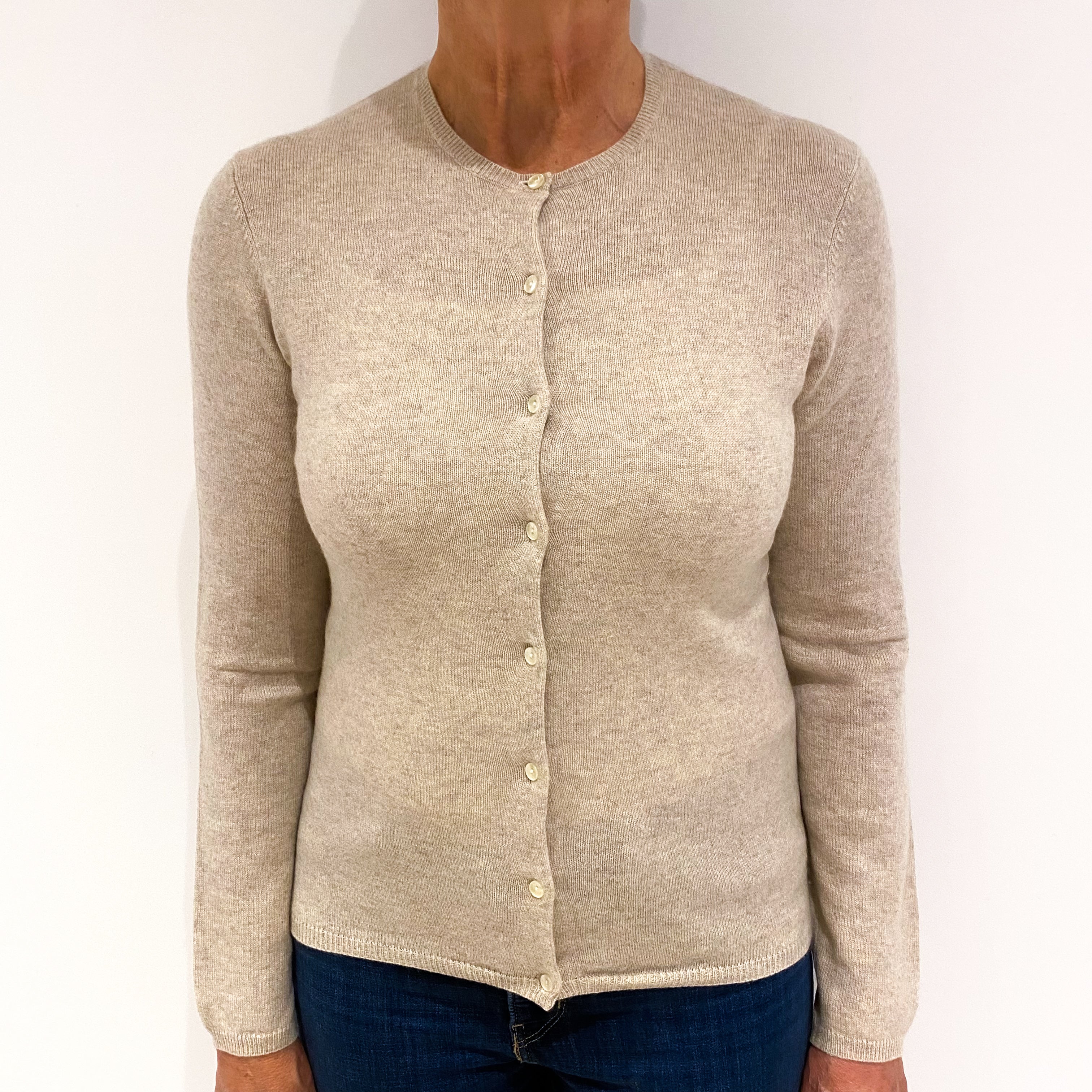 Biscuit Beige Cashmere Crew Neck Cardigan Medium