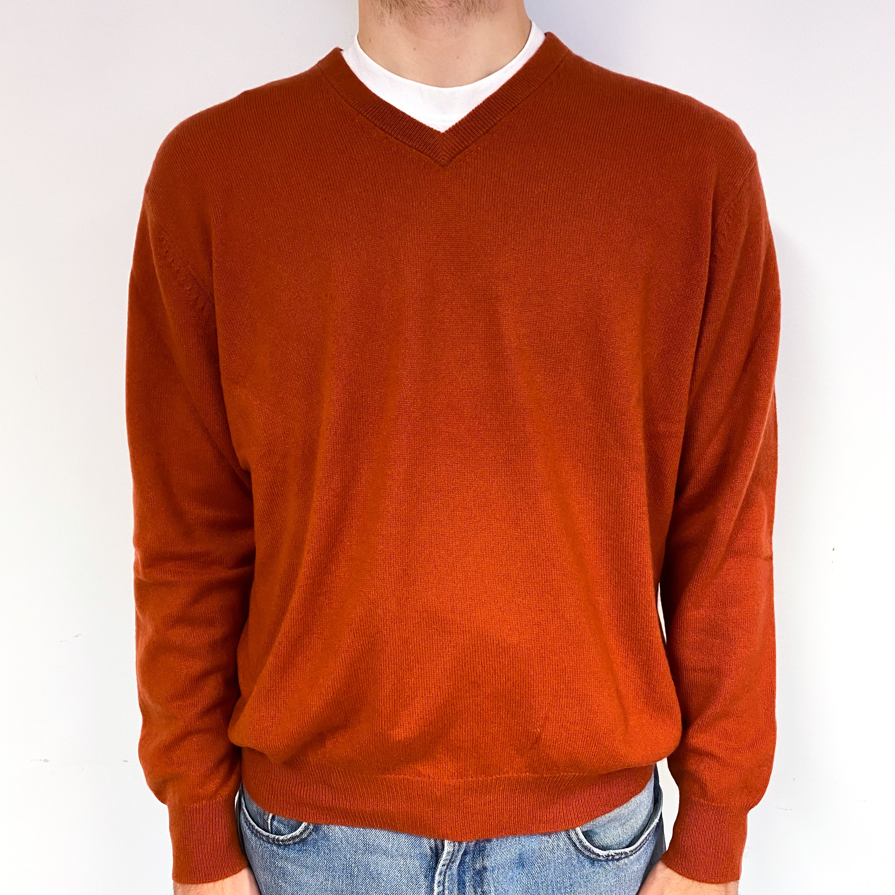 Men's Paprika Orange Cashmere V-Neck Jumper Large