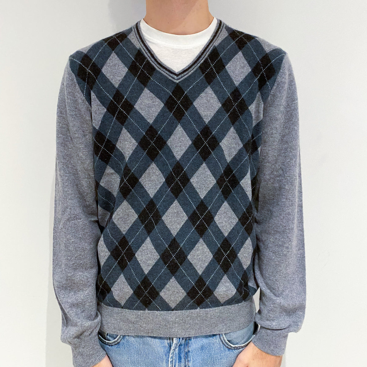 Men's Grey and Spruce Green Diamond Cashmere V-Neck Jumper