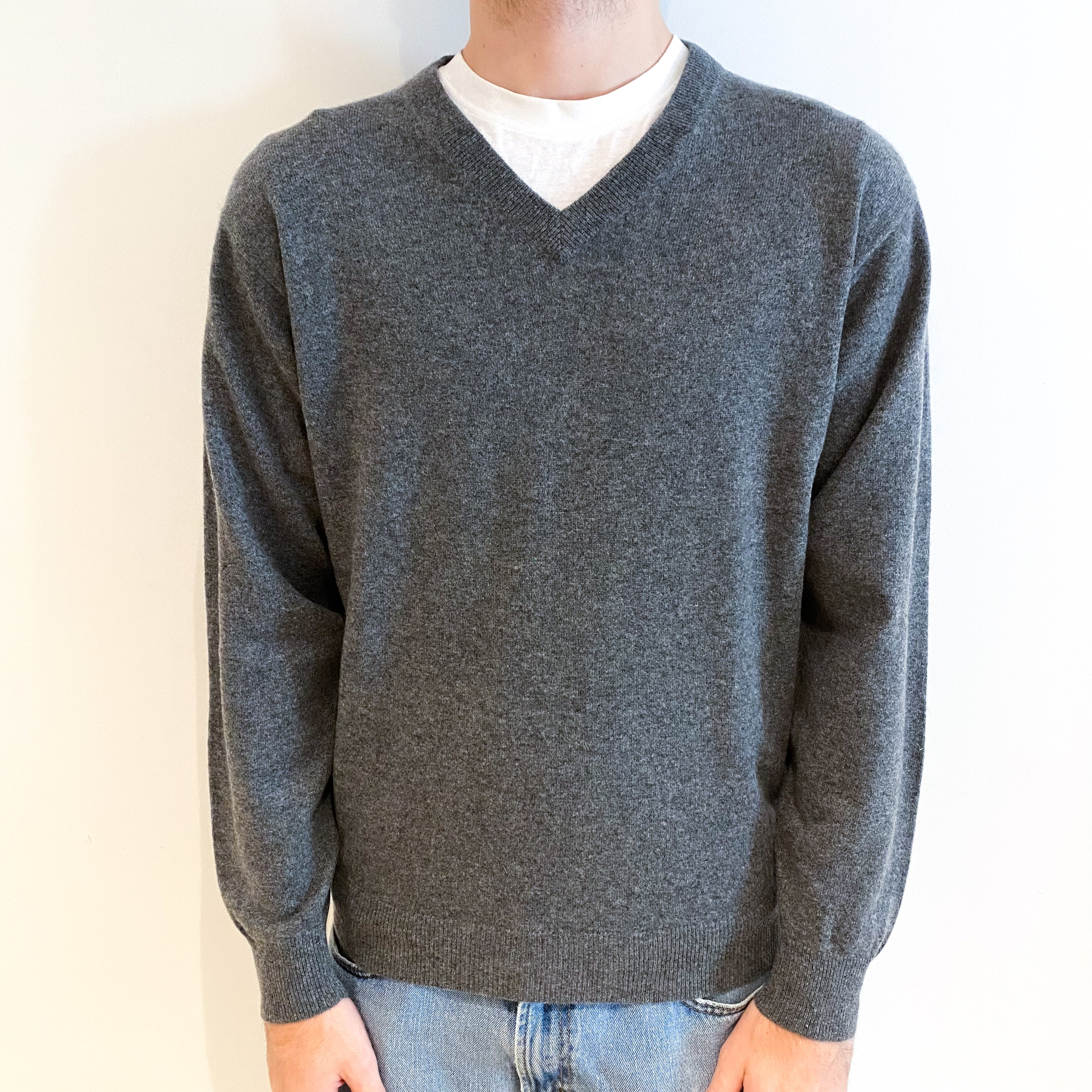 Men's Slate Grey Cashmere V Neck Jumper Large