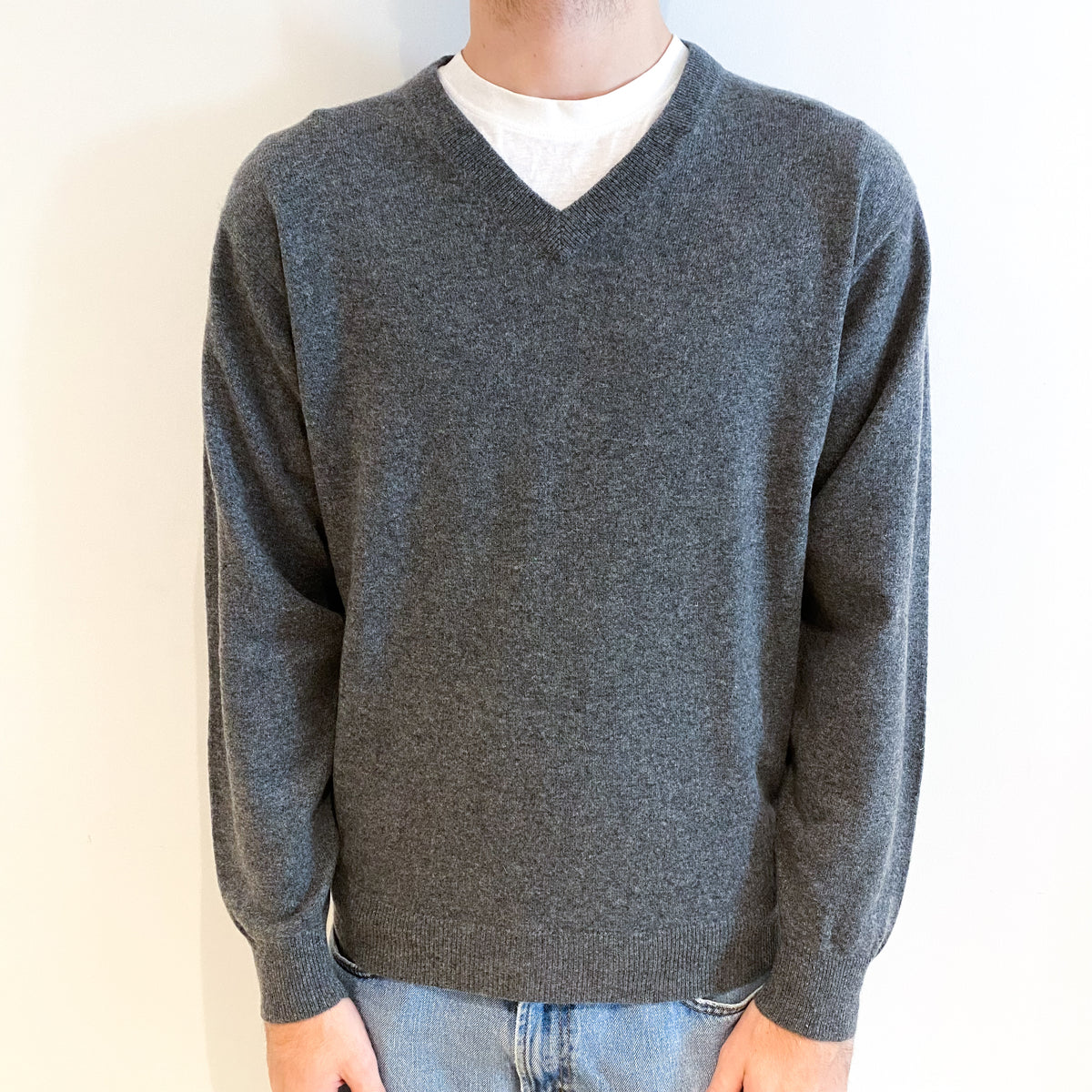 Men's Slate Grey Cashmere V Neck Jumper Large