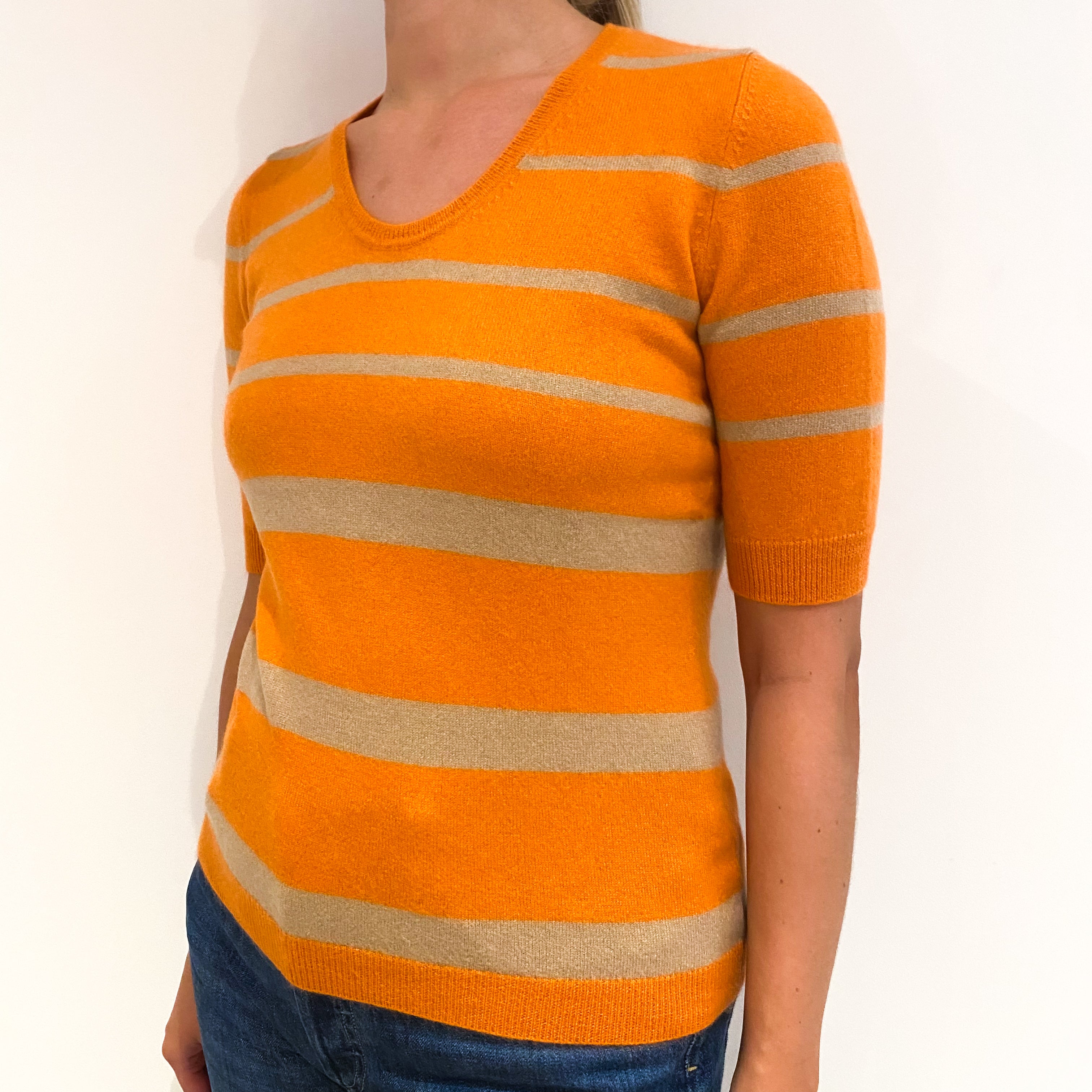 Orange and Caramel Striped Short Sleeved Cashmere Crew Neck Jumper Medium