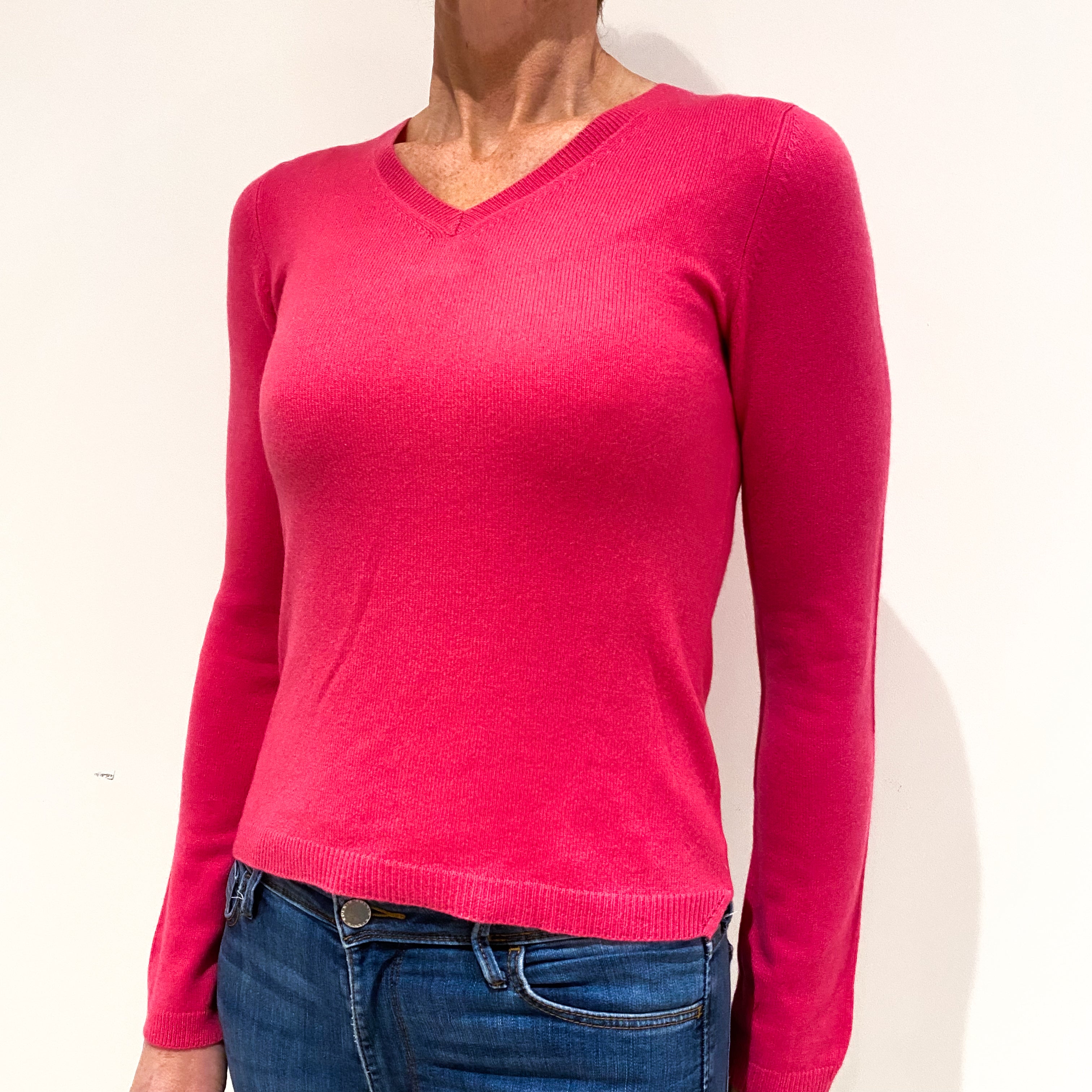 Hot Pink Cashmere V-Neck Jumper Small