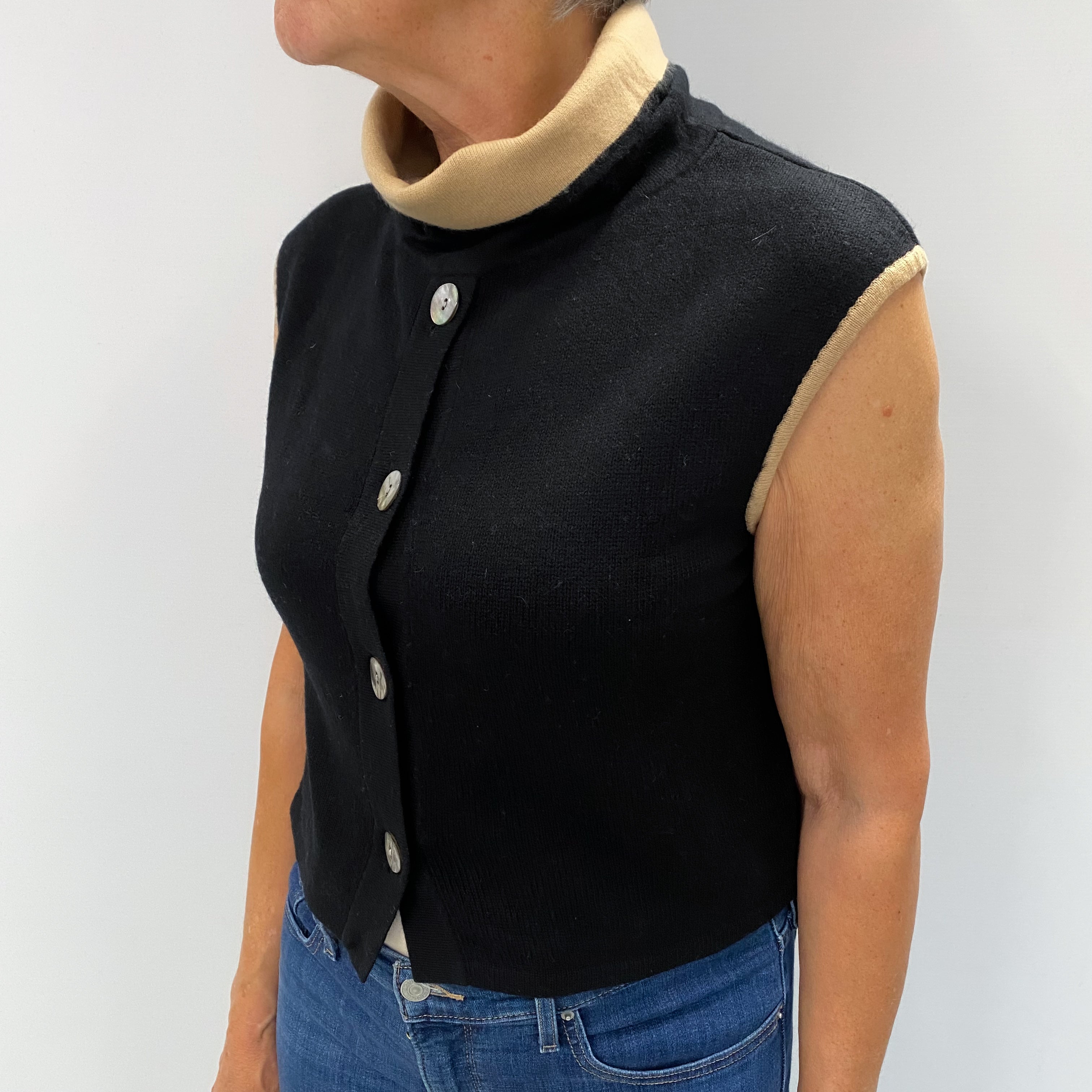 Black and Caramel Cashmere Sleeveless Polo Neck Jumper Medium