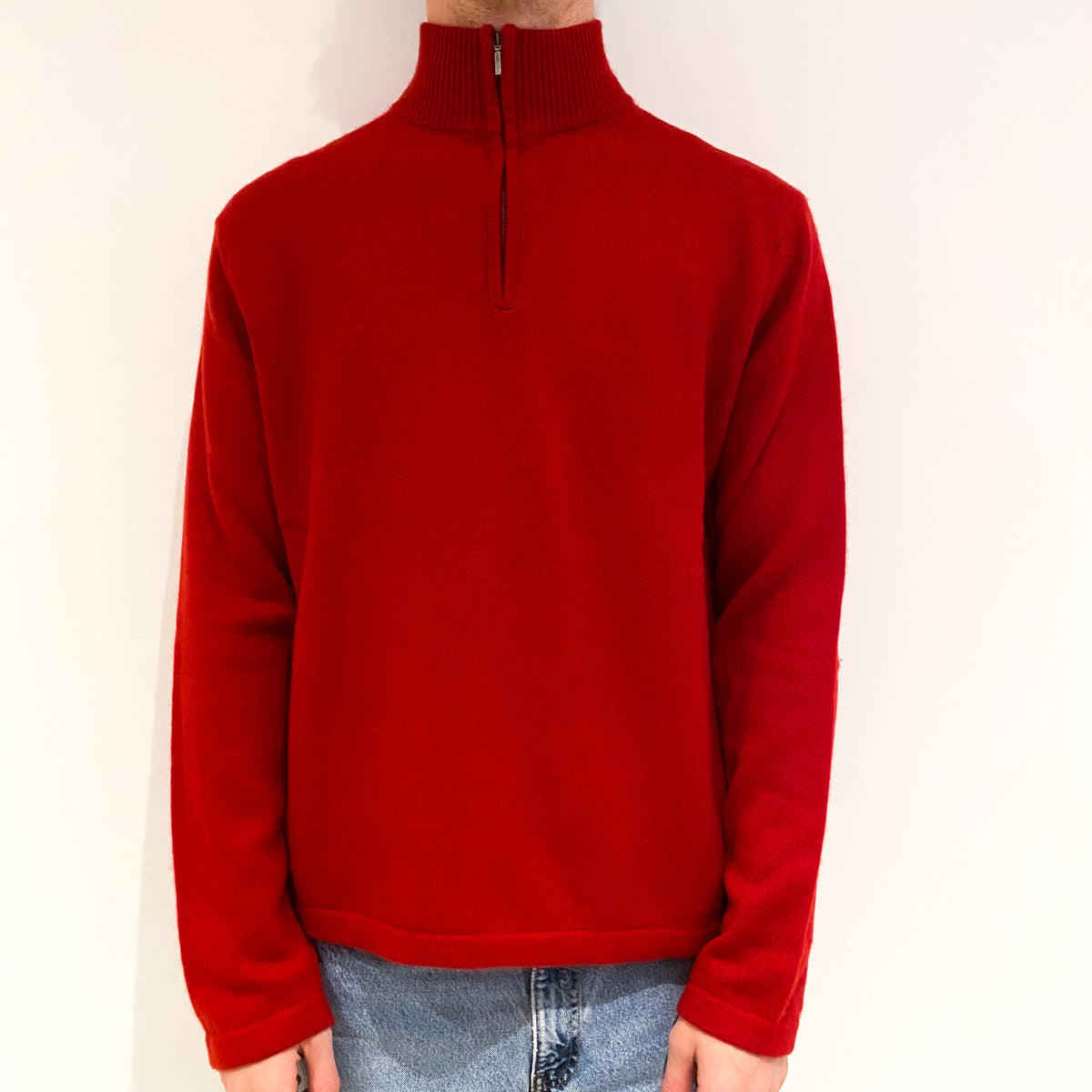 Men's Red Heavy Knit 1/4 Zip Cashmere Jumper Large