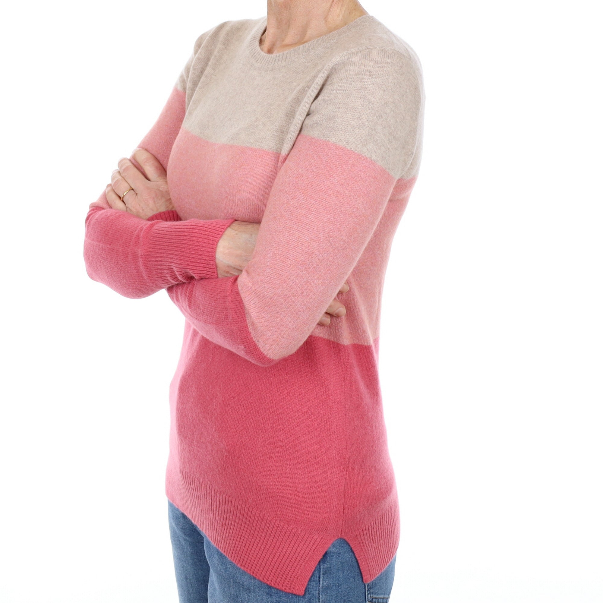 Beige and Pink Striped Cashmere Crew Neck Jumper Small