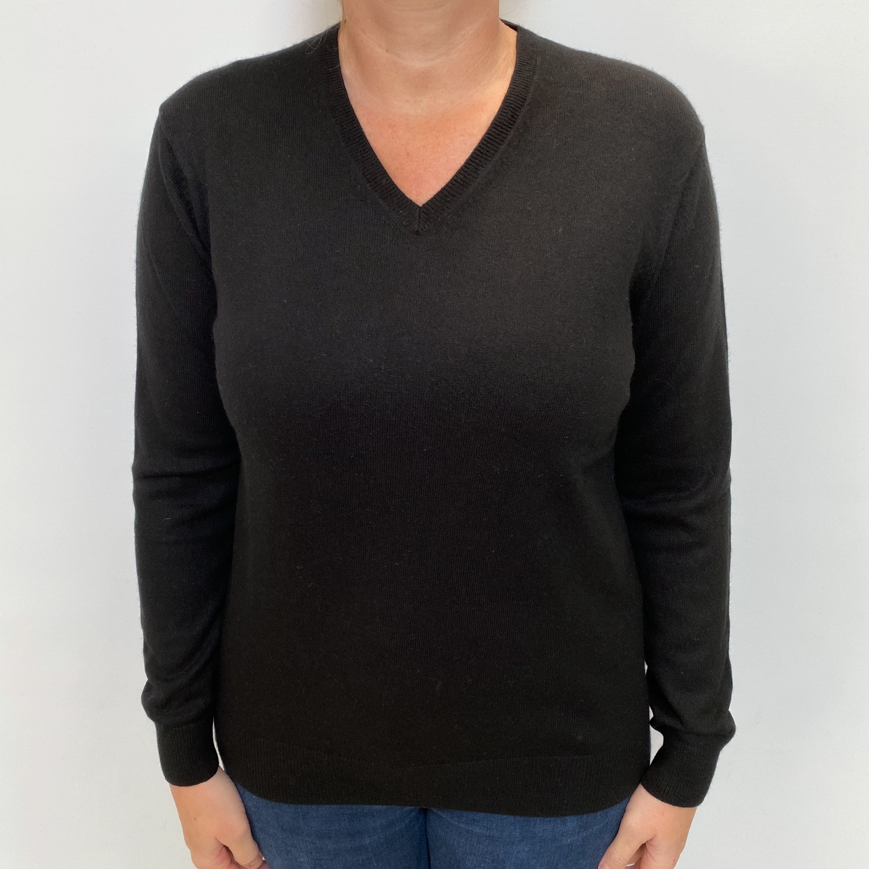 Black Cashmere V Neck Jumper Large