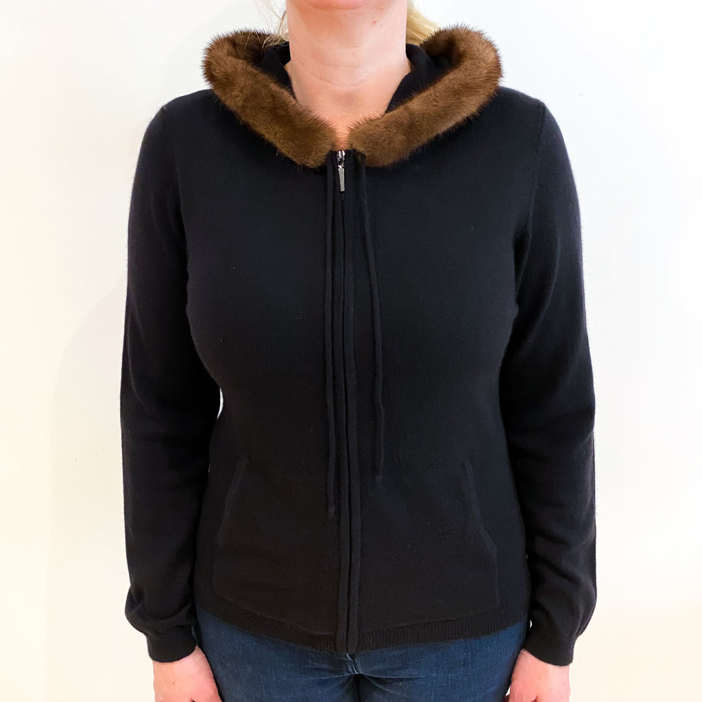 Black Faux Fur Trim Cashmere Zip Up Hoodie Large