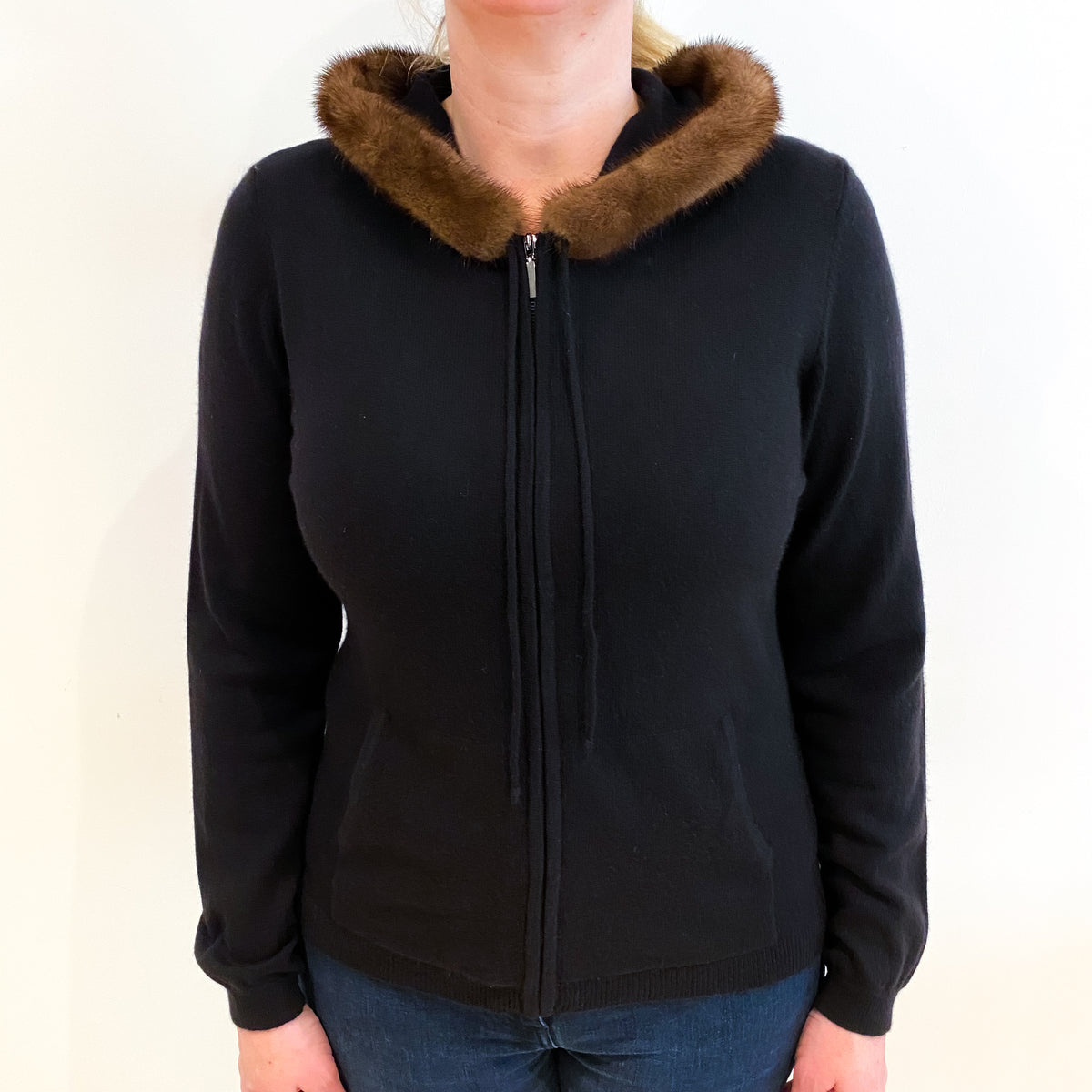 Black Faux Fur Trim Cashmere Zip Up Hoodie Large