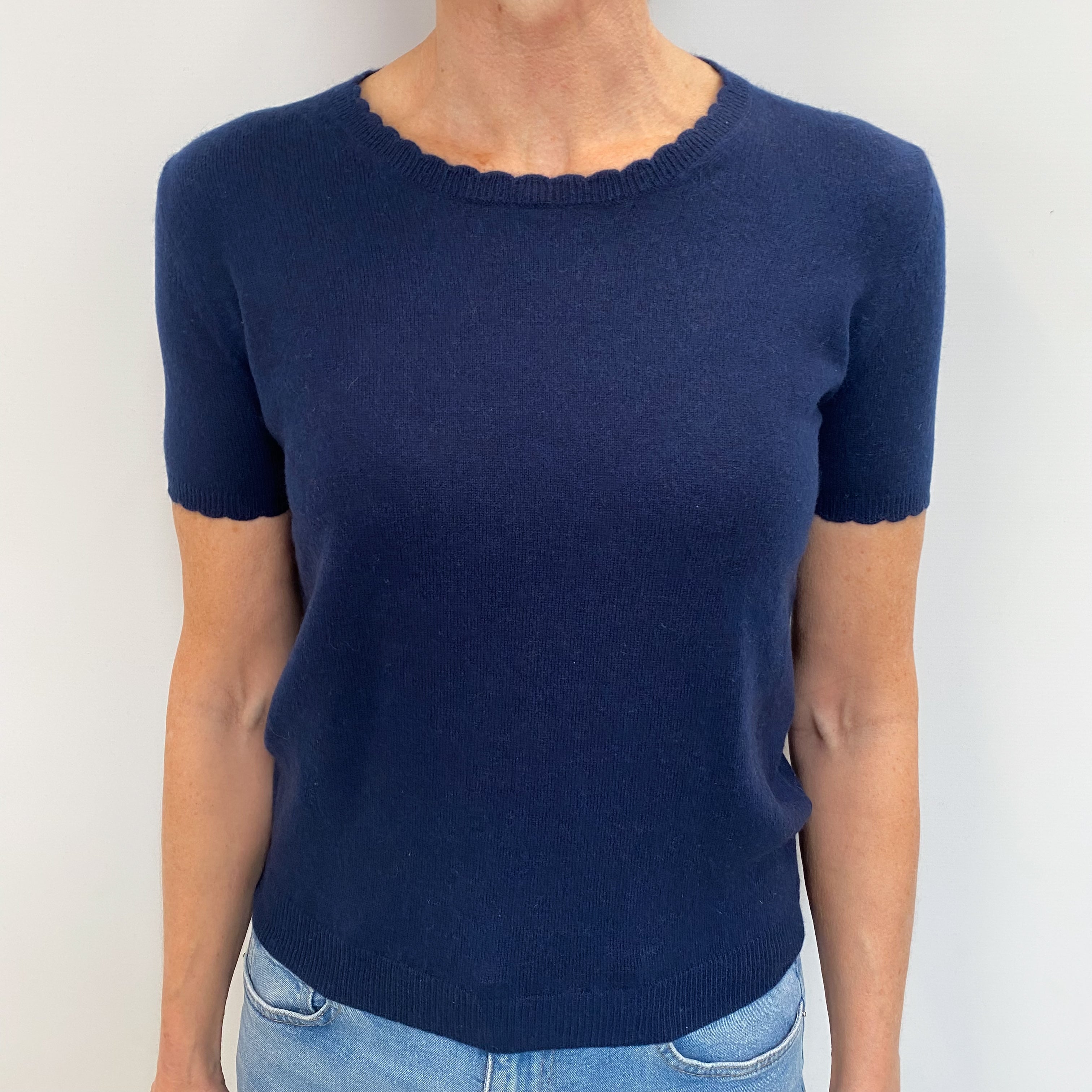 French Navy Cashmere Short Sleeved Crew Neck Jumper Small