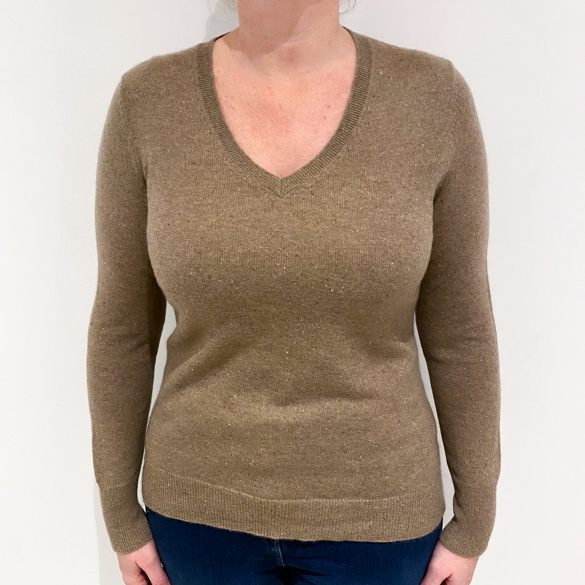 Fudge Marl Cashmere V Neck Jumper Large