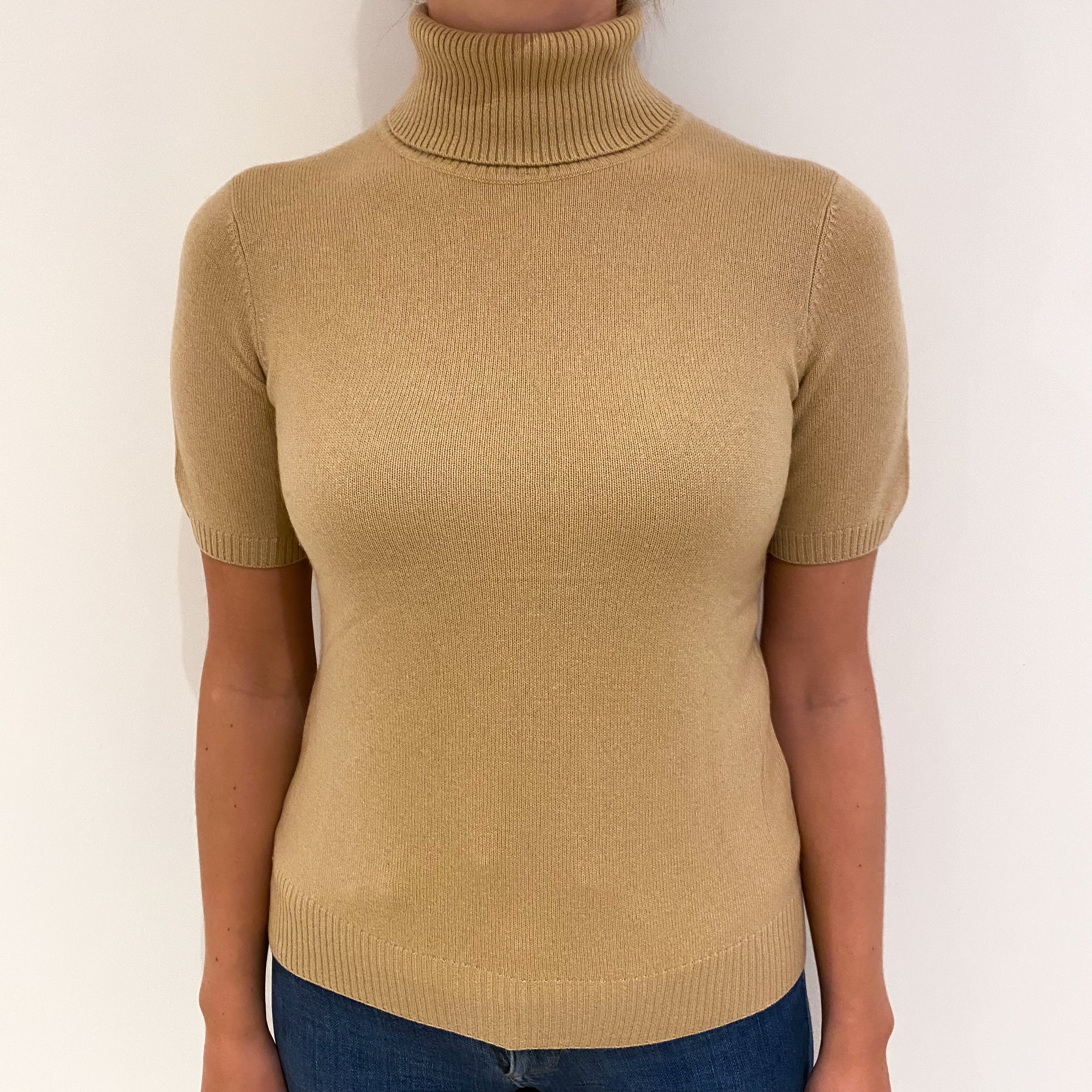 Fudge Brown Cashmere Short Sleeve Polo Neck Jumper Small