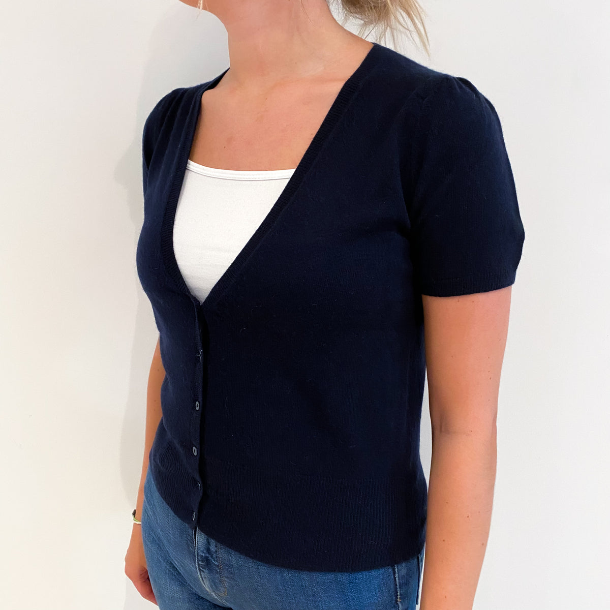 Navy Blue Cashmere V Neck Short Sleeved Cardigan Small